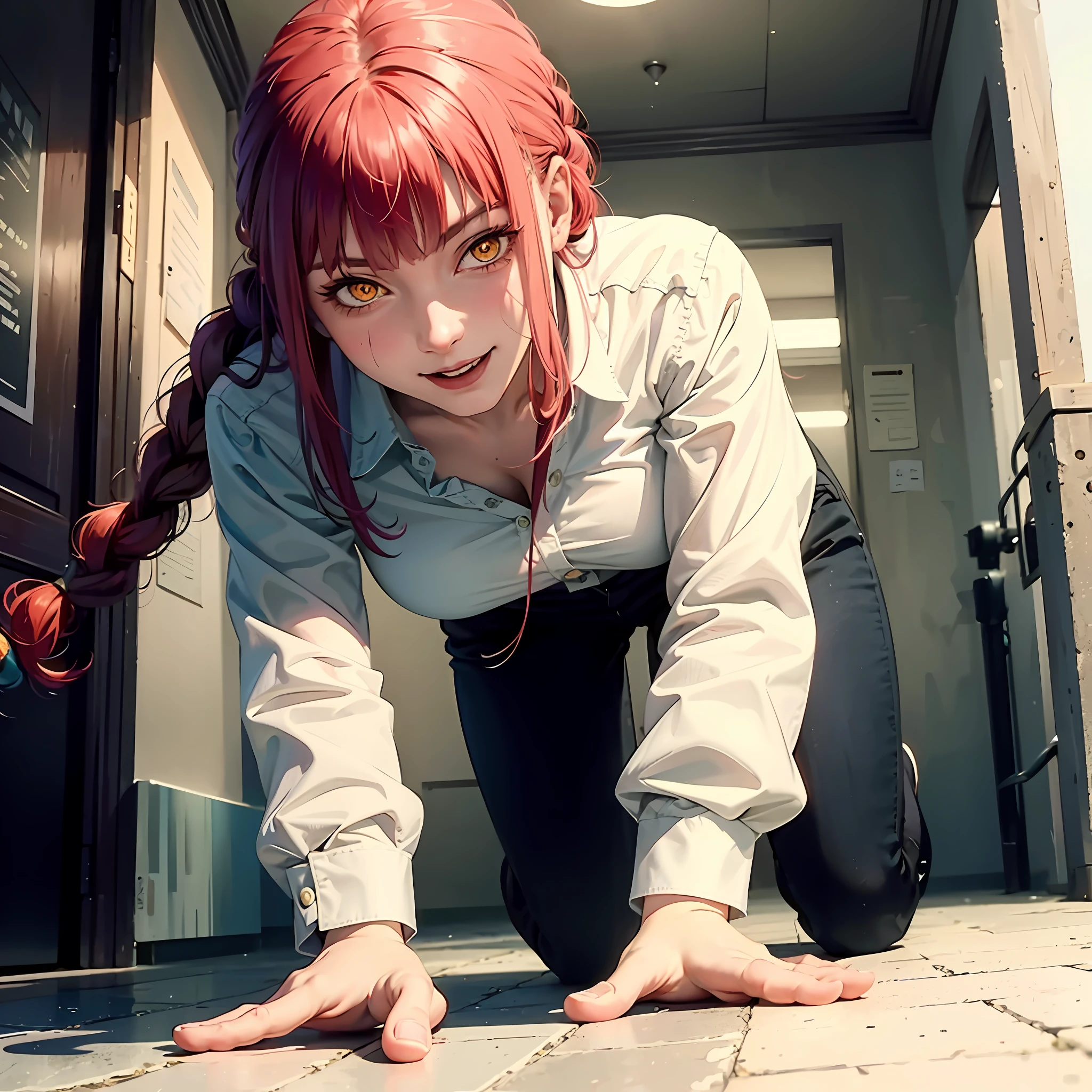 (((masterpiece))),(best quality), 1girl,solo, extremely detailed, detailed face,detailed eyes,illustration,2k,(full body:1.2), makima \(chainsaw man\), standing on all fours , red hair, long braided hair, golden eyes, wearing white Long Sleeve Button Down Cotton Linen white Shirt Blouse Loose Fit Casual V-Neck Tops ,(sinister smirk), ((In the corridor)), the portrait is centered,(close-up:1.4), (from below:1.4), (wide-angle lens:1.2) ,((night)), (bloody:1.2), (constricted pupils:1.5), (crazy smile:1.2), blood on clothes, blood on face, gaze, crazy, crazy blushing smile, open mouth, blood, blood on face ,MakimaCSM, scar, ((scar)), blood on face, long black pants, dust, ((close up shot)), blushing , nice hands, perfect hands, black pants, black shoes