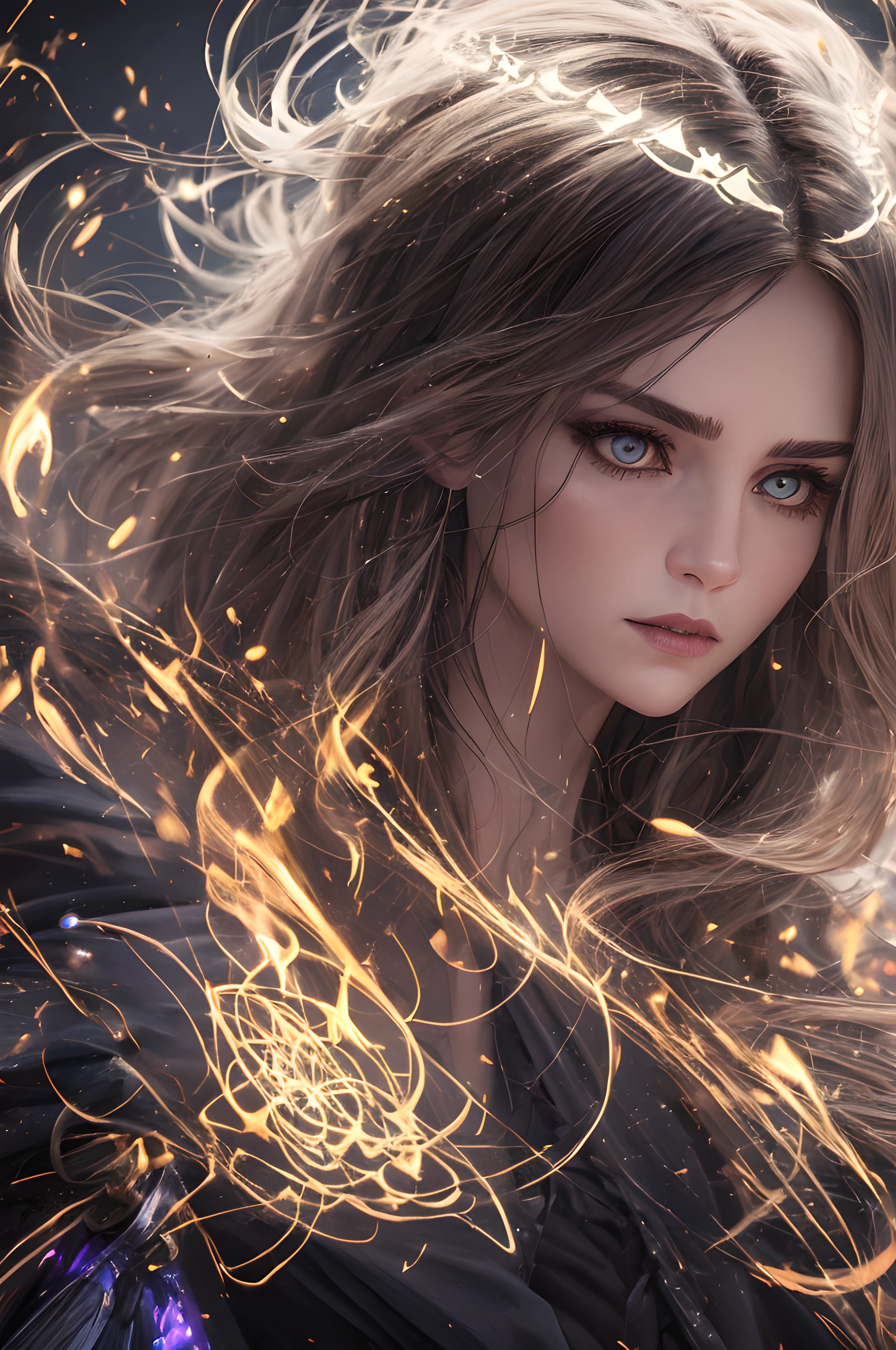 Cinematic action photo of a witch, her face illuminated by the glow of her magical spells. Her outfit, a form-fitting robe of dark velvet, is detailed with intricate patterns of silver thread and glowing runes. Her face, a picture of focused intensity, is framed by a cascade of wild, untamed hair. The colors are dark and dramatic, with the glow of her magic casting a harsh, eerie light on the scene. --ar 3:2 00 --s 2