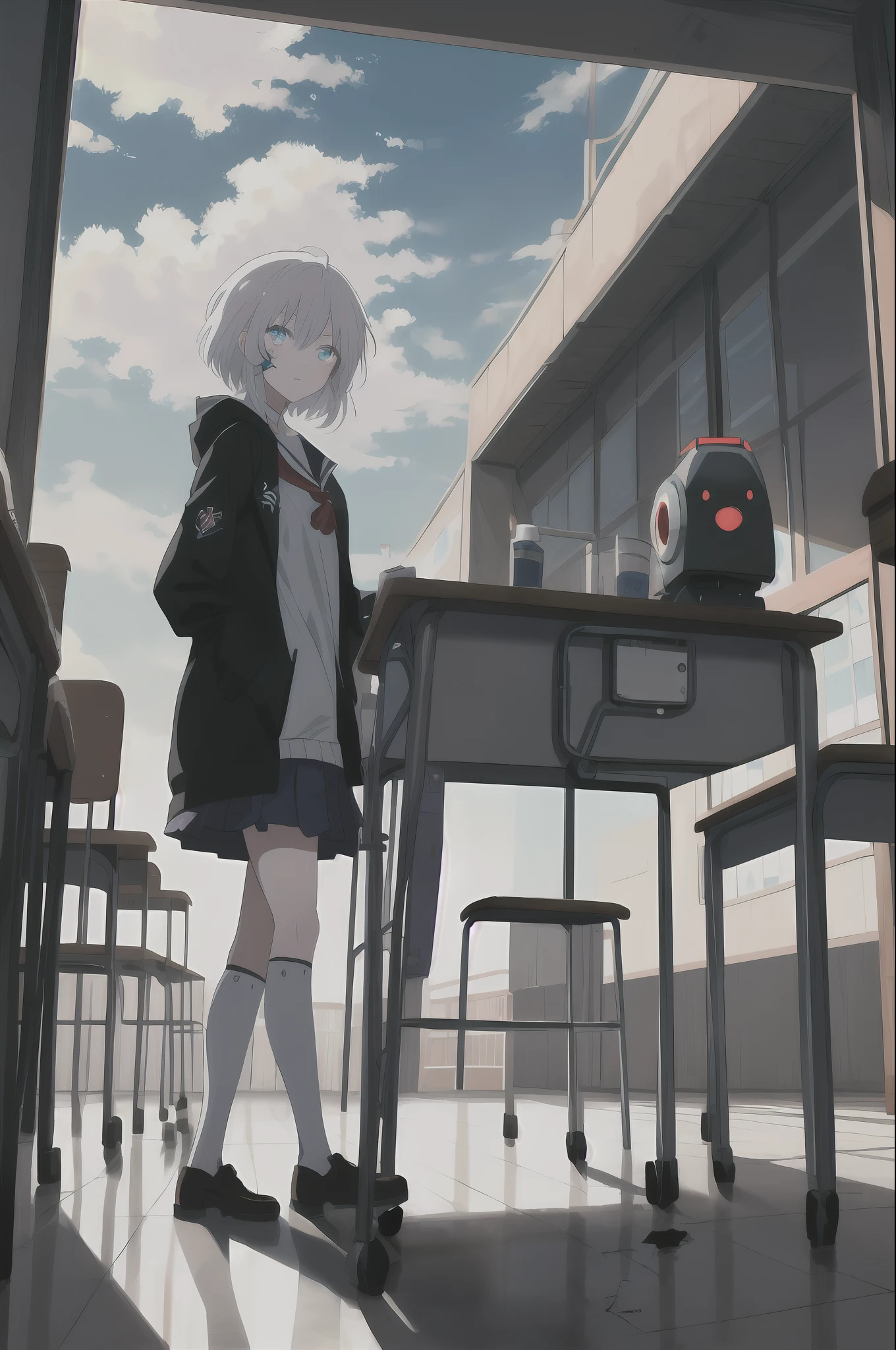 (((masterpiece))), best quality, illustration,(((1girl))),((cute anime face)),(beautiful detailed girl),expressionless,cold attitude, red pupils, short hair, white hair,(((beautiful detailed eyes))),jacket,cracked floor,damaged classroom,Tables and chairs in disarray,The residual eaves DuanBi,beautiful sky,cumulus,mouldy,floating,wind,Dead end machine,(broken robot),(Mechanical girl)