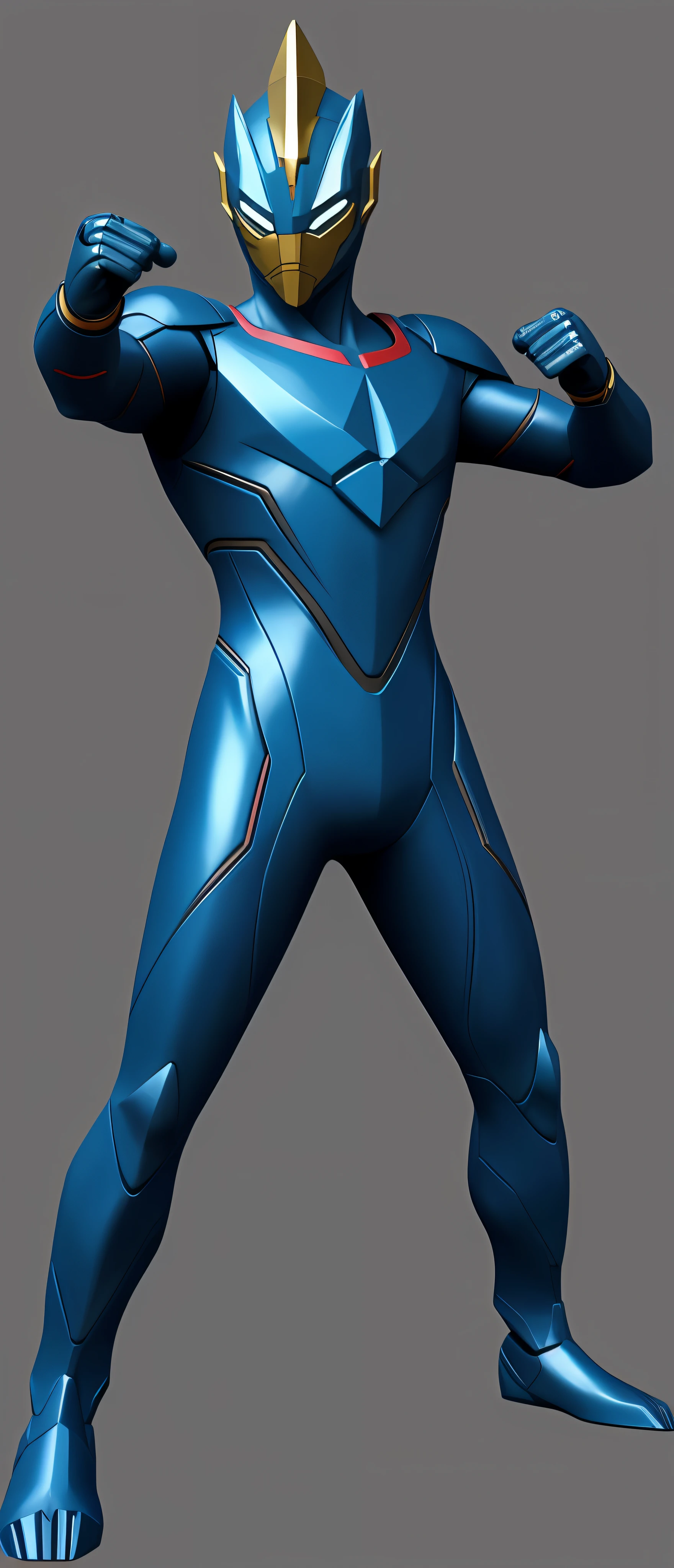 um close up de um homem em um vermelho, terno branco e azul, Ultraman, Zenkai de corpo inteiro! terno asuka, hiper ultra detalhado, hq render, 3D model of a Japanese mascot, hero action pose, full body render, high res render, mascote de corpo inteiro, high render, ultra render, promotional render, airbrush render, full body hero, fundo cidade detalhada