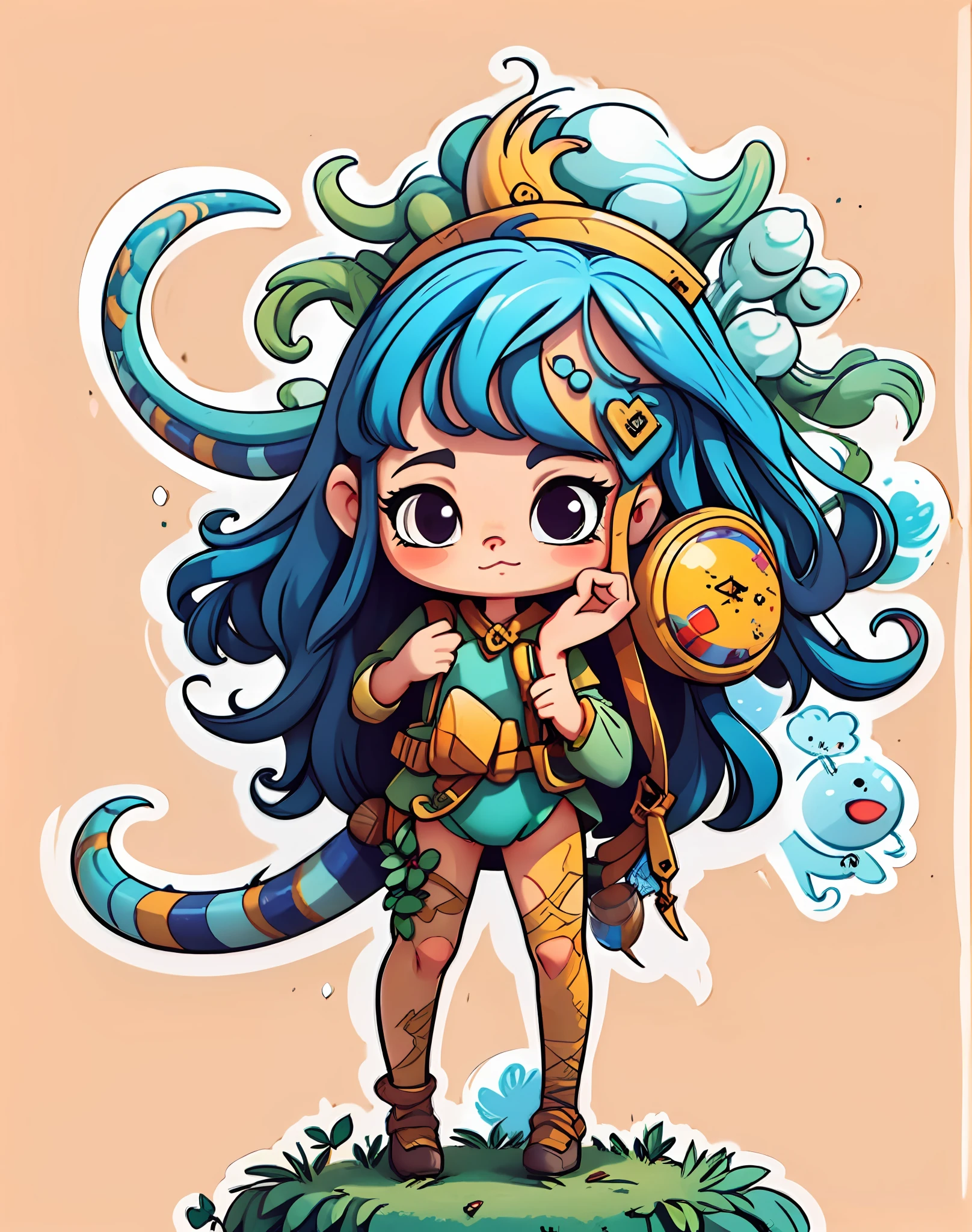 There is only one female character with golden dragon horns,Wearing a fairy blue costume with gold trim,She has a long dragon tail,pure color background,(Sticker:2)