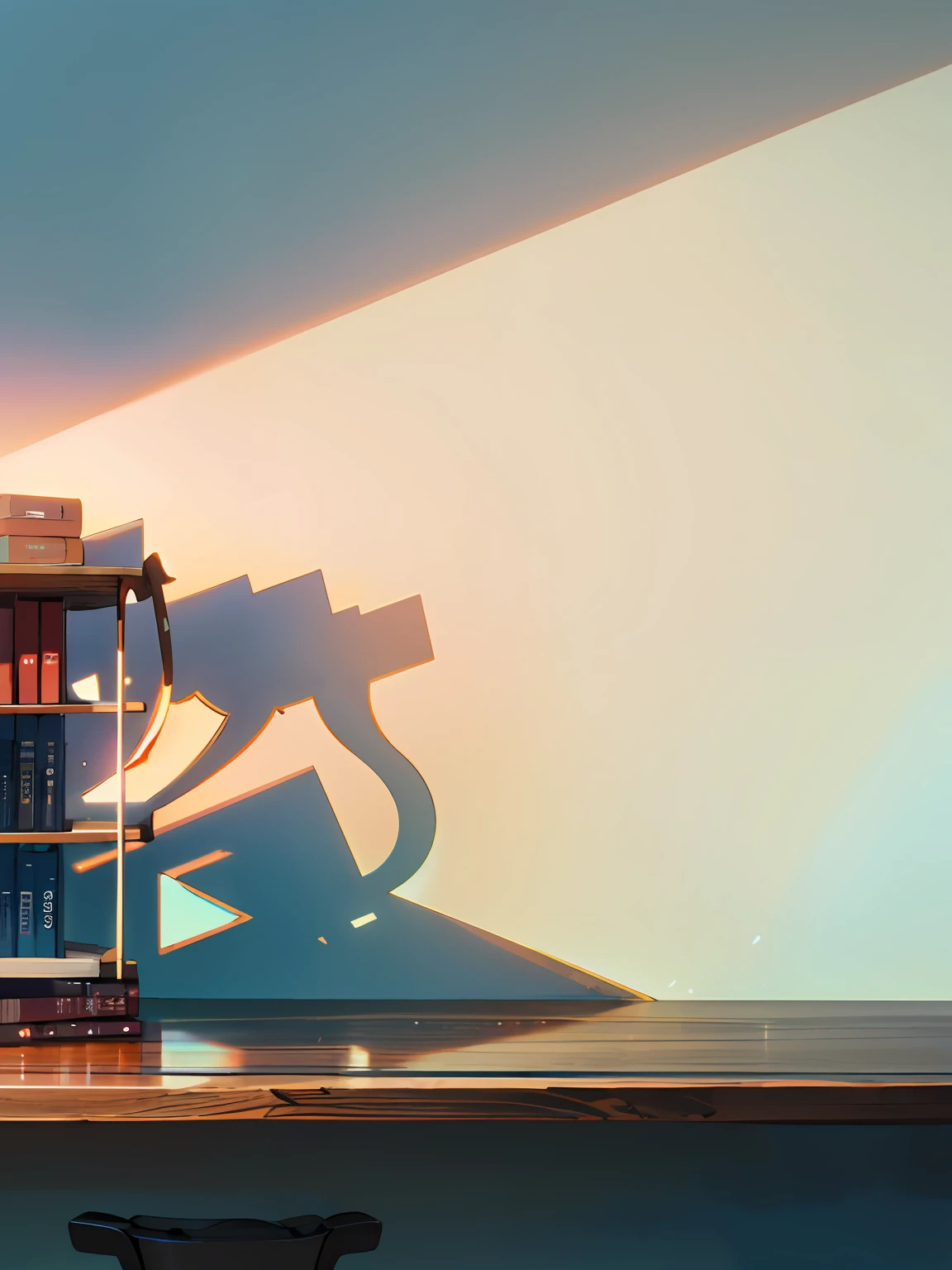 A wooden table，There are no items in the middle of the table，There was a pile of books on the side of the table，8K，Displays scene rendering。The sun shines on the side，Form shadows，Light blue background，the sideview，Front view，overhead view