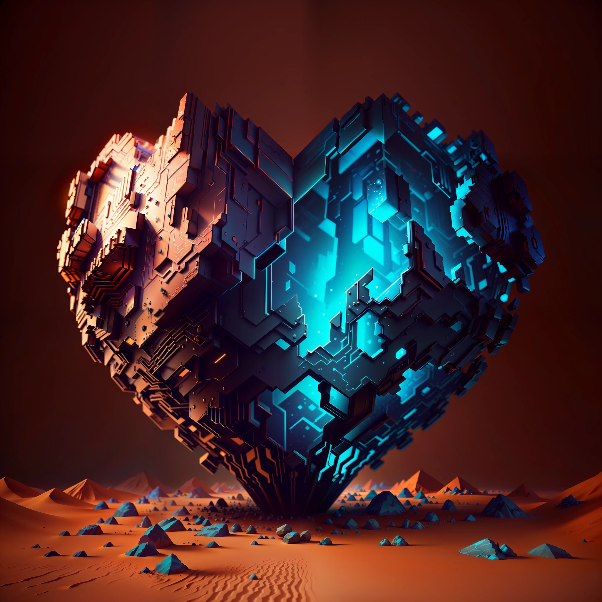 there is a heart shaped object made of rocks in the desert, volumetric light, Estilo de Arte Heartstone Original, arte conceitual emocional, inspirado em Mike Winkelmann, 3 d render stylized, renderizado em octanagem, 8k arte impressionante, 3 d renderizado em octanagem, inspirado em Christopher Balaskas, 3d renderizado em octanagem, arte renderizada, 3 d render bipe