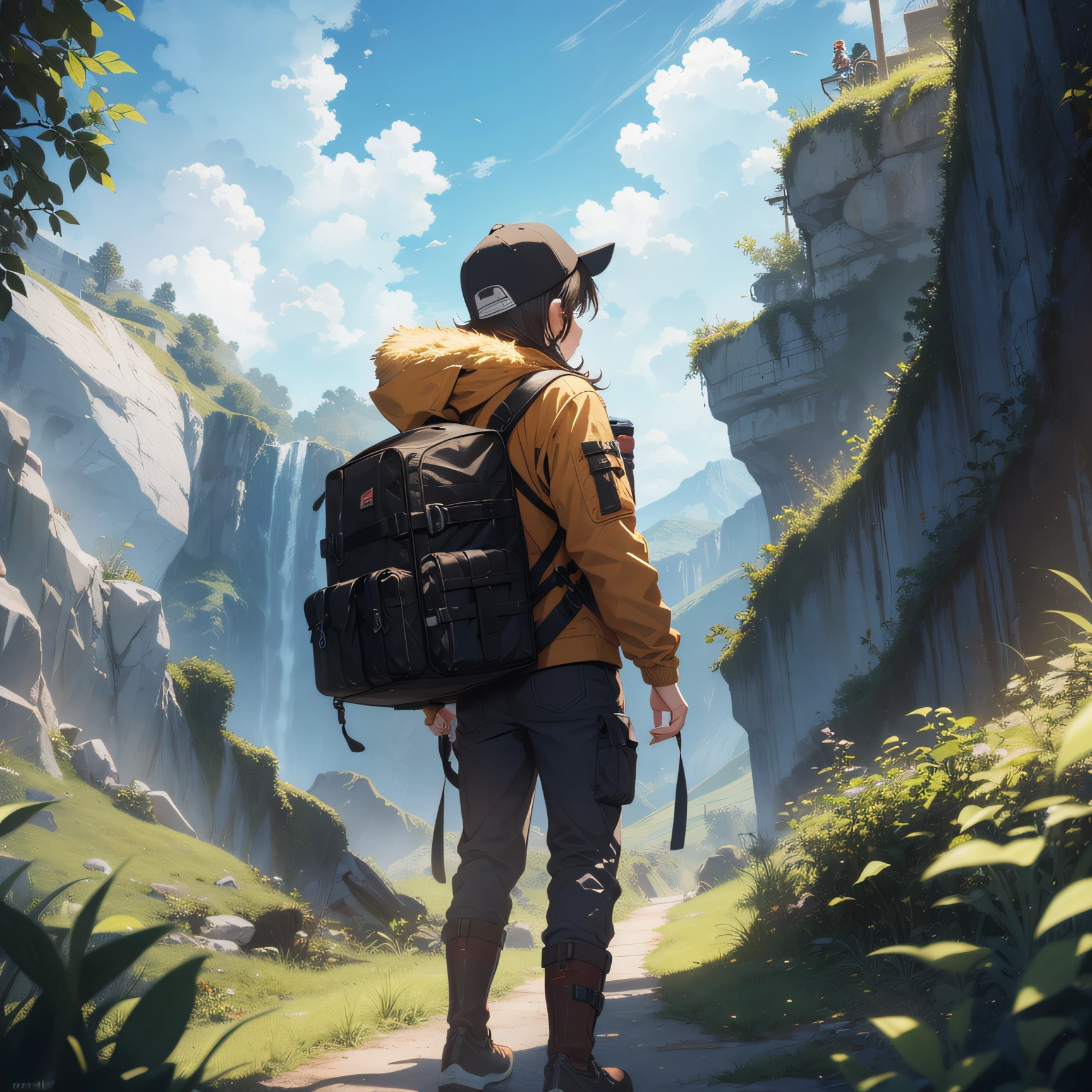 Joseph, adventurer, high quality, best quality, 1 young traveler, green pants, breasts, ground, boots, standing, looking at horizon, long sleeves, sword on back, mountains scenery. --auto