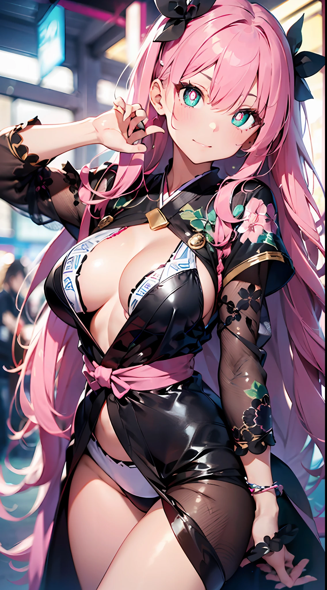 （Lively swordplay action:2）armor.kimono armor:2(((Maste Piece))),((ultra -detailed,Best Quality, high resolucion, 8K Wallpaper, beautiful Clothes,)),ful body:2,Fulll body Shot (1 Girl)((Pink hair, Long hair,Straight hair,two side up)) (Green eyes),eyeshadows, eyelines,gloweyes, super detailed eyes, intricate eyes, Beautiful eyes, ((Glowing pink pupils))18 years old girls.Transparent kimono made of PVC material