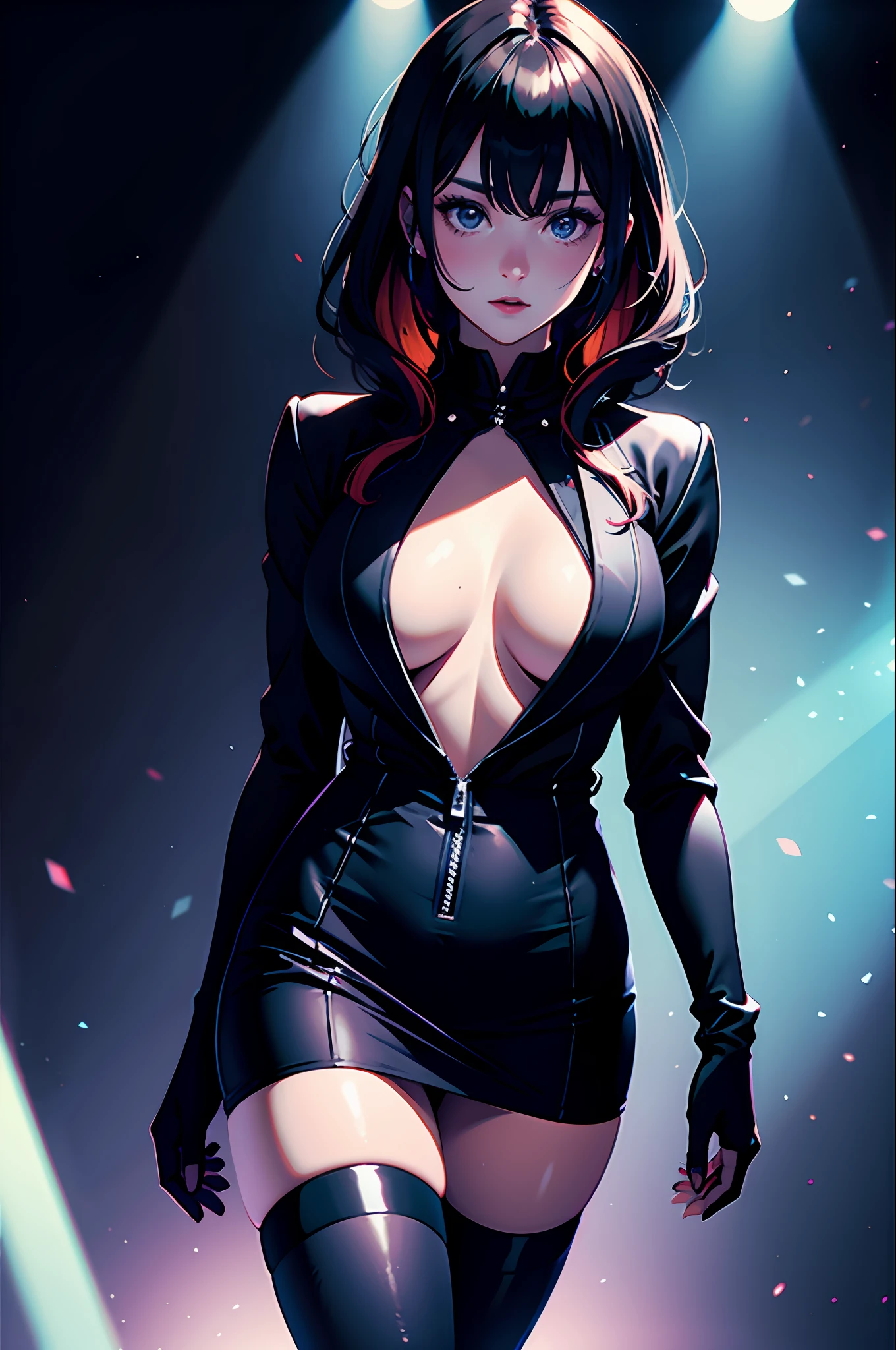 1girls, the singer,Delicate and beautiful face,cabelos preto e longos,flowy,full breast,Convex buttocks,black business suits,Black pleated skirt,Black boots,perfectly proportioned, Detailed clothing details,Concert,Colored lights,Cinematic lighting, filmgrain, Fujicolor, light and darkcontrast, 8K, 巨作, Textured skin, Super detail, high detailes, High quality, high resolucion,