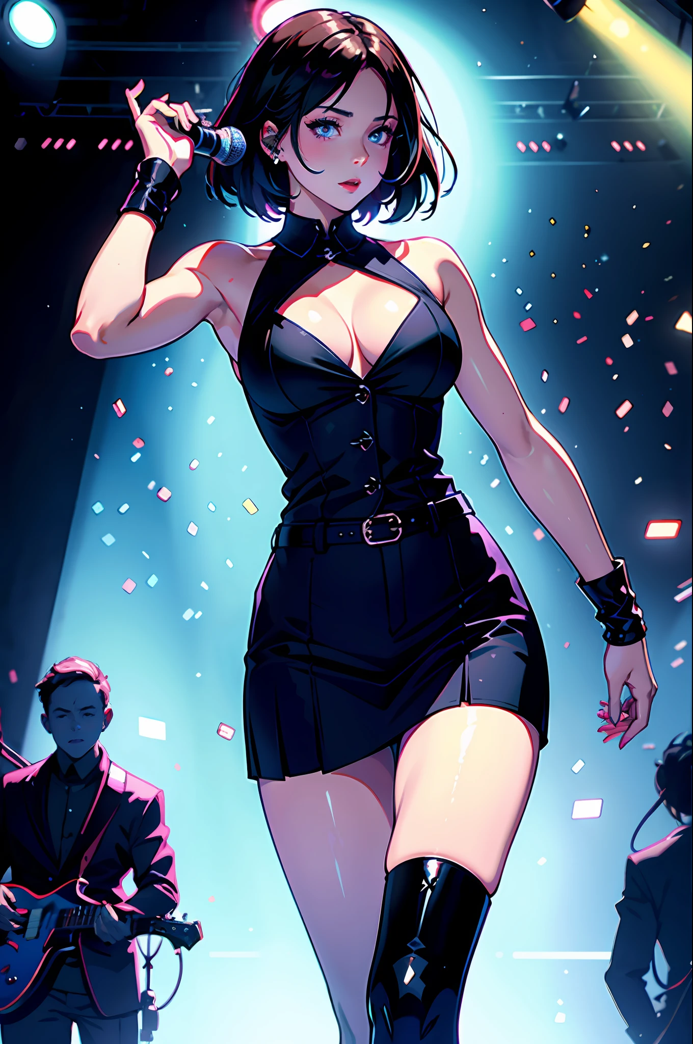 1girls, the singer,Delicate and beautiful face,cabelos preto e longos,flowy,full ,Convex buttoc business suits,Black pleated skirt,Black boots,perfectly proportioned, Detailed clothing details,Concert,Colored lights,Cinematic lighting, filmgrain, Fujicolor, light and darkcontrast, 8K, 巨作, Textured skin, Super detail, high detailes, High quality, high resolucion,