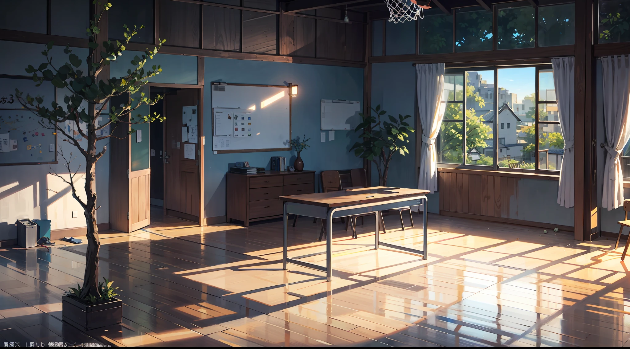 (View of the Japanese campus),In a Japanese anime style,(Reference Hayao Miyazaki,shinkai ),(schools,playground,Depth),(wood planks,green trees,florals,classroom desk,chalkboard,Pool,basketball court,running track),abundant detail,Quiet and elegant atmosphere,Cool tones are the keynote,Delicate and soft painting style,Cinematic lighting effects,high-definition picture quality,Gentle light,Dreamlike,abundant detail,32K
