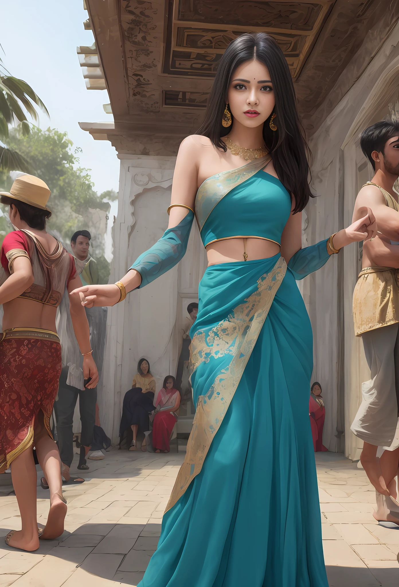 (masterpiece, best quality, realistic),
1girl, background, gypsy dress, dancing, intricate, teal dress, gold, indian palace, gypsy person, banquet, crowd, picking up skirt, darker skin,
[slight smile],
