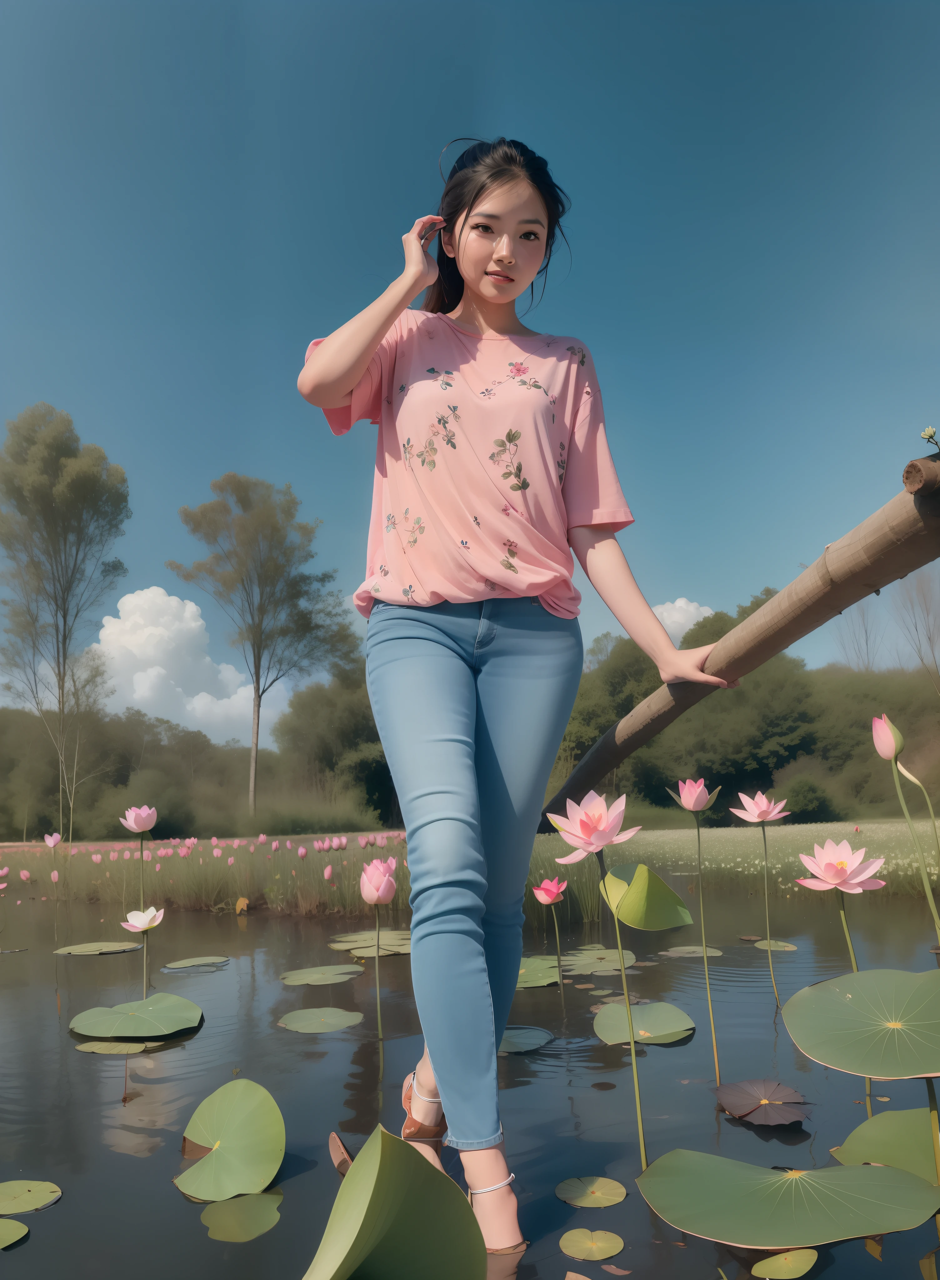 there is a woman walking on a log in a field of flowers, standing on a lotus, standing gracefully upon a lotus, standing in a pond, pink lotus queen, lotus pond, mid shot portrait, sitting on a lotus flower, standing in a flower field, woman standing in flower field, in a pond, casual photography, girl standing in a flower field