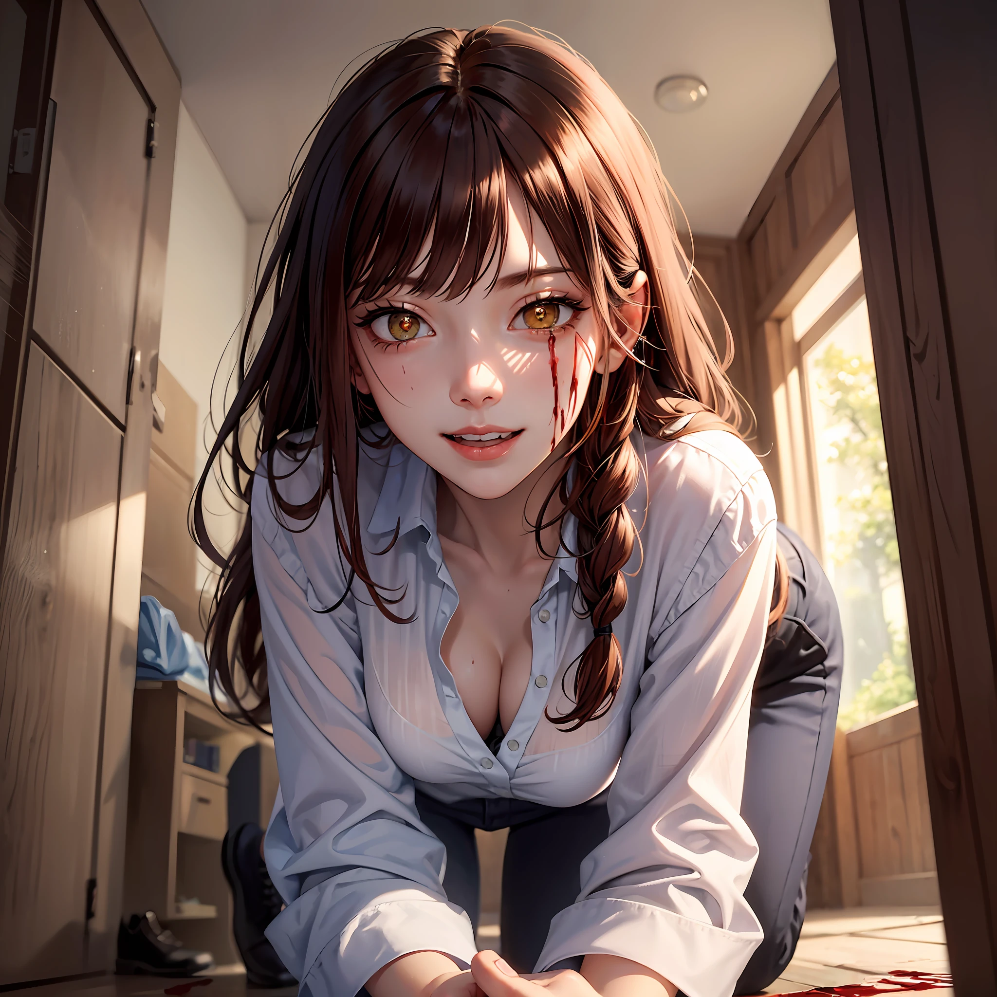 (((masterpiece))),(best quality), 1girl,solo, extremely detailed, detailed face,detailed eyes,illustration,2k,(full body:1.2), makima \(chainsaw man\), standing on all fours , red hair, long braided hair, golden eyes, wearing white Long Sleeve Button Down Cotton Linen white Shirt Blouse Loose Fit Casual V-Neck Tops ,(sinister smirk), ((In the corridor)), the portrait is centered,(close-up:1.4), (from below:1.4), (wide-angle lens:1.2) ,((night)), (bloody:1.2), (constricted pupils:1.5), (crazy smile:1.2), blood on clothes, blood on face, gaze, crazy, crazy blushing smile, open mouth, blood, blood on face ,MakimaCSM, scar, ((scar)), blood on face, long black pants, dust, ((close up shot)), blushing , nice hands, perfect hands, black pants, black shoes