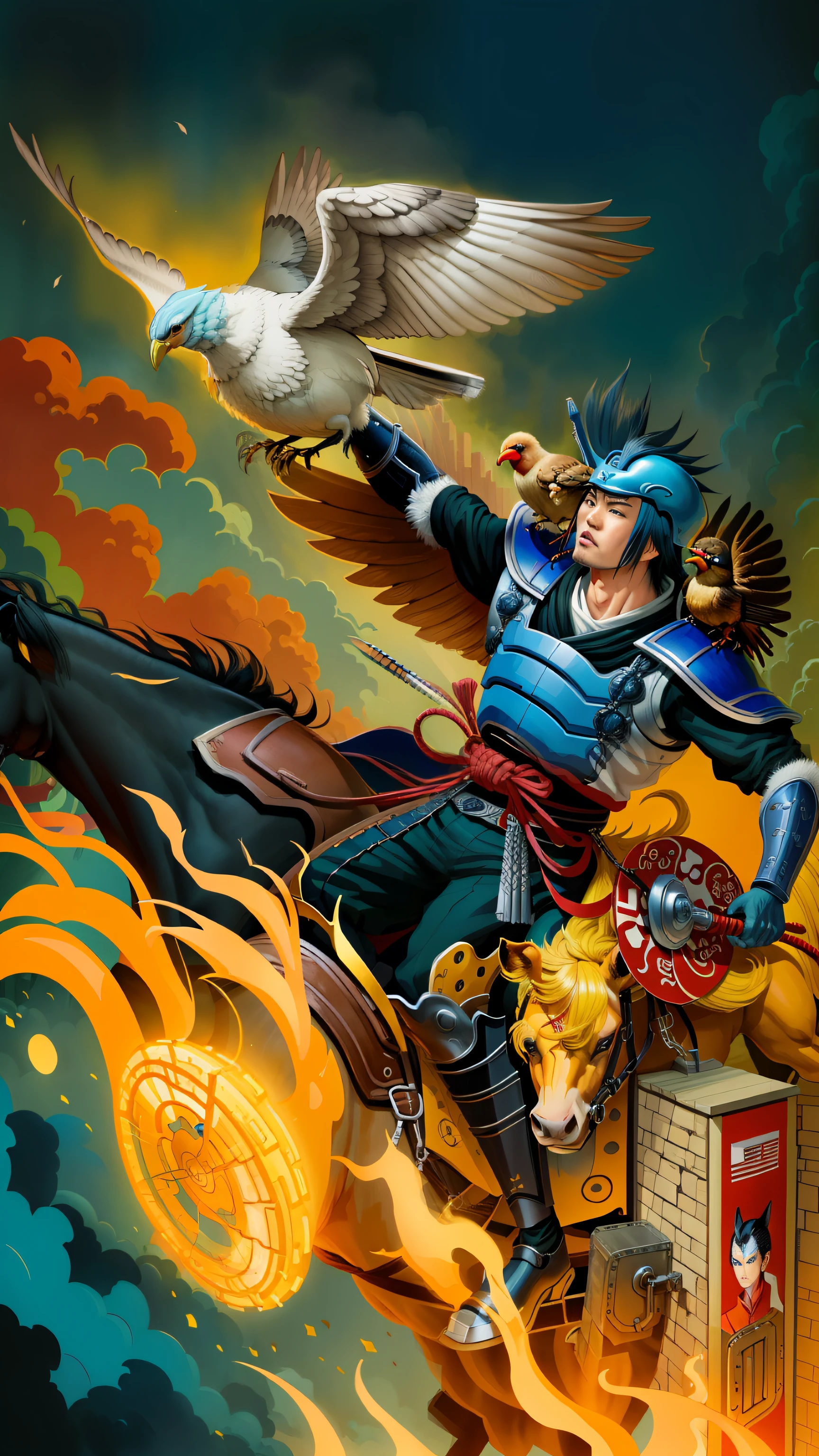 There was a woman on a horse，Carrying a bird on your back, masamune, Inspired by Masamune Shirow, inspired by Yasuo Kuniyoshi, high detailed official artwork, shirow masamune, Avatar image, full-colour illustration, epic full color illustration, comic cover art, inspired by Kanō Hōgai, full color digital illustration
