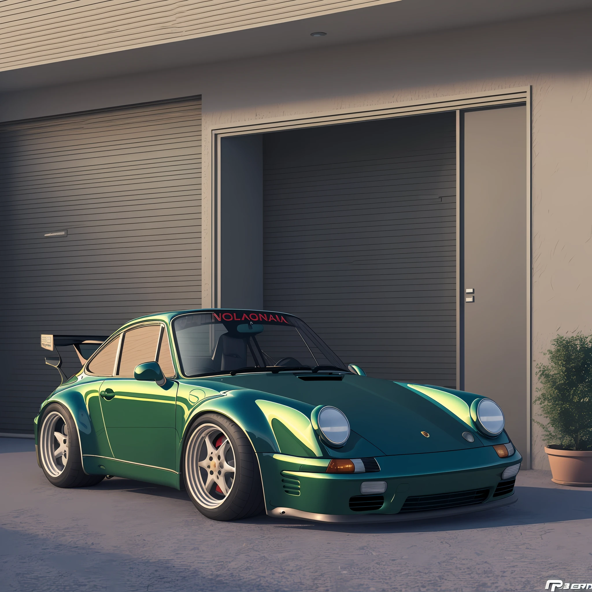 The Allafard Green Porsche 964 is parked in front of the garage, highly detailed hyper real retro, Porsche 964, Porsche 964,, hyper detailed 3d render, hyper detailed 3d render, Porsche 964, 3 d hyper realistic render, porch, ultrarealistic render, hyperrealistic 3d render, hyperrealistic render,refit,broad body,empennage,Porsche 964