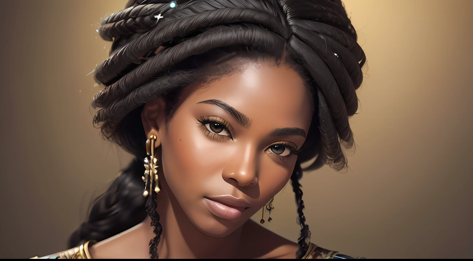 Cinematic photorealistic portrait of a Caribbean Queen. She's adorned in vibrant, tropical colors typical of the region, with a detailed, intricate headdress featuring local flora and fauna. Her attire is regal and reflects her stature, with handcrafted jewelry showcasing gemstones found in the Caribbean. Her eyes sparkle with wisdom and a sense of calm authority. The backdrop is a sweeping view of the Caribbean Sea, with its sparkling clear blue waters, under a stunning sunset. The lighting should have a golden hue, casting dramatic shadows and highlights. The style is inspired by hyper-realistic artists like Chuck Close and Alyssa Monks, with high definition details, especially on her facial expressions, top quality, delicate face, best quality, masterpiece, ultra high definition, (reality: 1.4), original photo, 1Girl, brown eyes, cinematic lighting, dark eyeliner, small earrings, small necklace, wind, piercing, very big breasts, big, cleavage, happy smile (original: 1.2), (real: 1.4), absurdity, incredibly absurd, ultra detailed, high resolution, ultra detail, best quality, fantastic, best quality, highly detailed CG unity 8k wallpaper, cinematic lighting, (perfect shiny brown skin: 0.6 ), slender flowing lines, slim waist, elaborate robes, jewelry, jewelry, gold, silver, diamonds, glitter, sapphires, rubies, emeralds, pearls, --auto