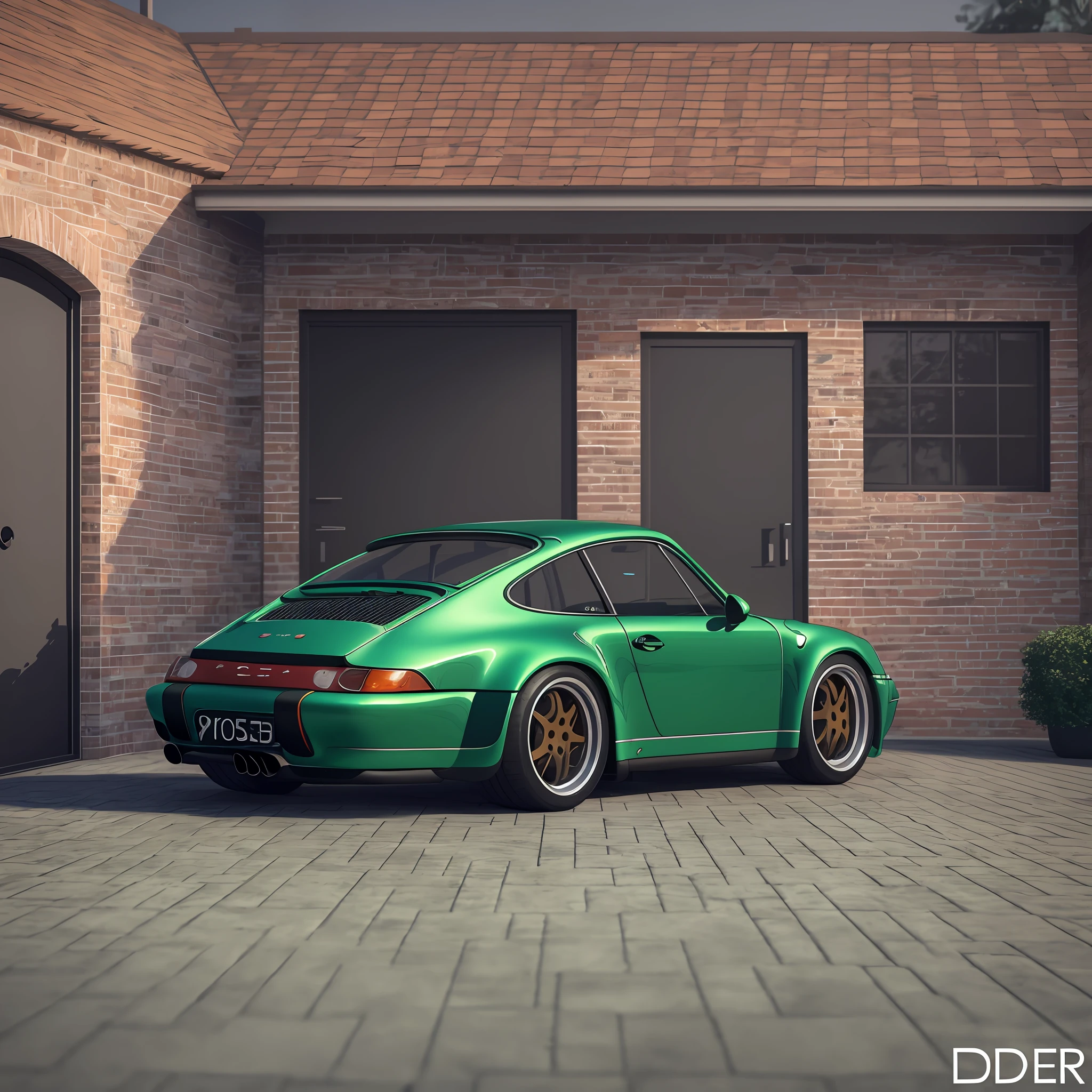 The Allafard Green Porsche 964 is parked in front of the garage, highly detailed hyper real retro, Porsche 964, Porsche 964,, hyper detailed 3d render, hyper detailed 3d render, Porsche 964, 3 d hyper realistic render, porch, ultrarealistic render, hyperrealistic 3d render, hyperrealistic render,refit,broad body,empennage,Porsche 964