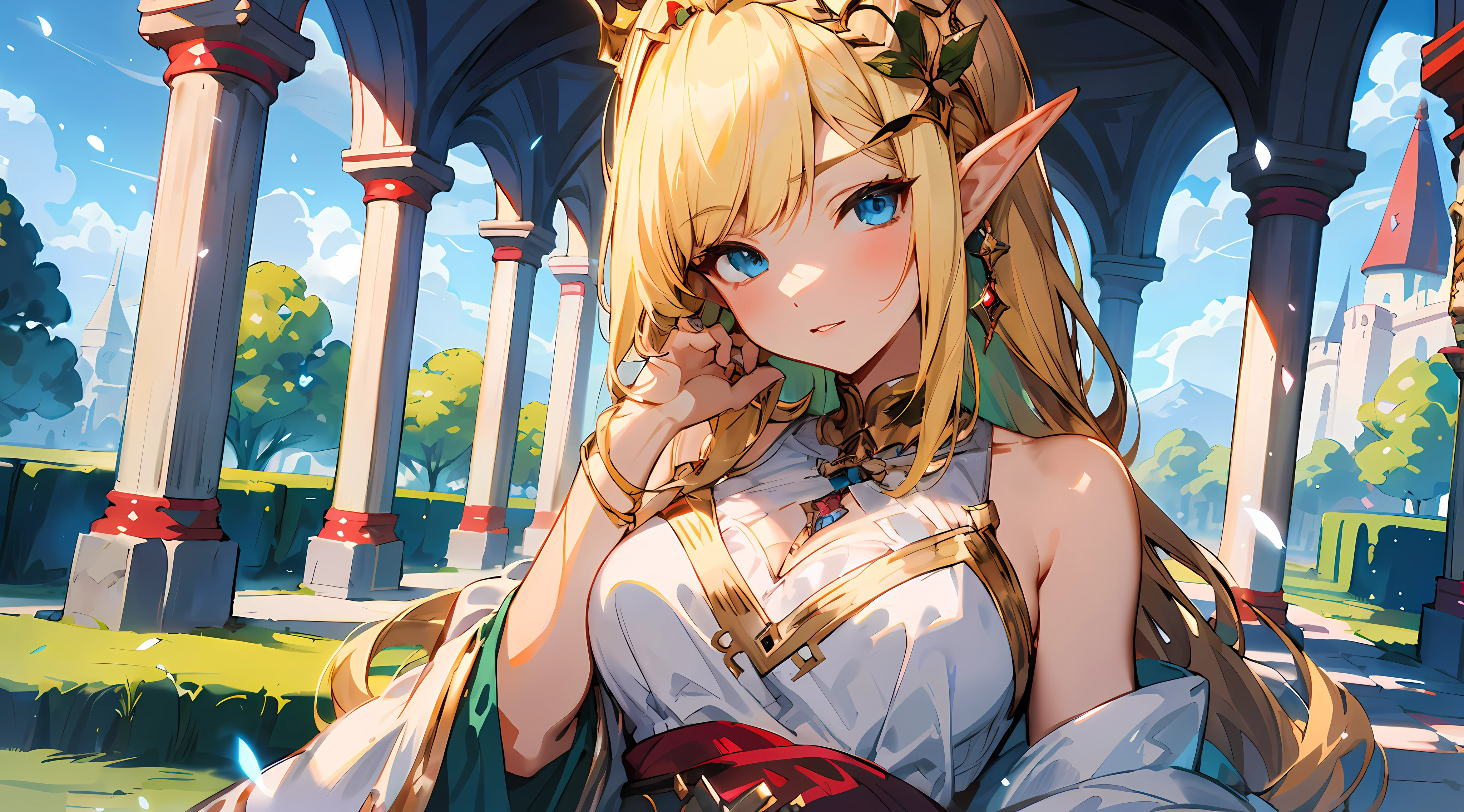 anime - style image of a woman with blonde hair and blue eyes, elf princess, portrait of an elf queen, elf queen, Elf Girl, alluring elf princess knight, blonde - haired princess, elf queen, beautiful and elegant elf queen, ((a beautiful fantasy empress)), Granblue Fantasy, blonde anime girl with long hair, she has elf ears and gold eyes