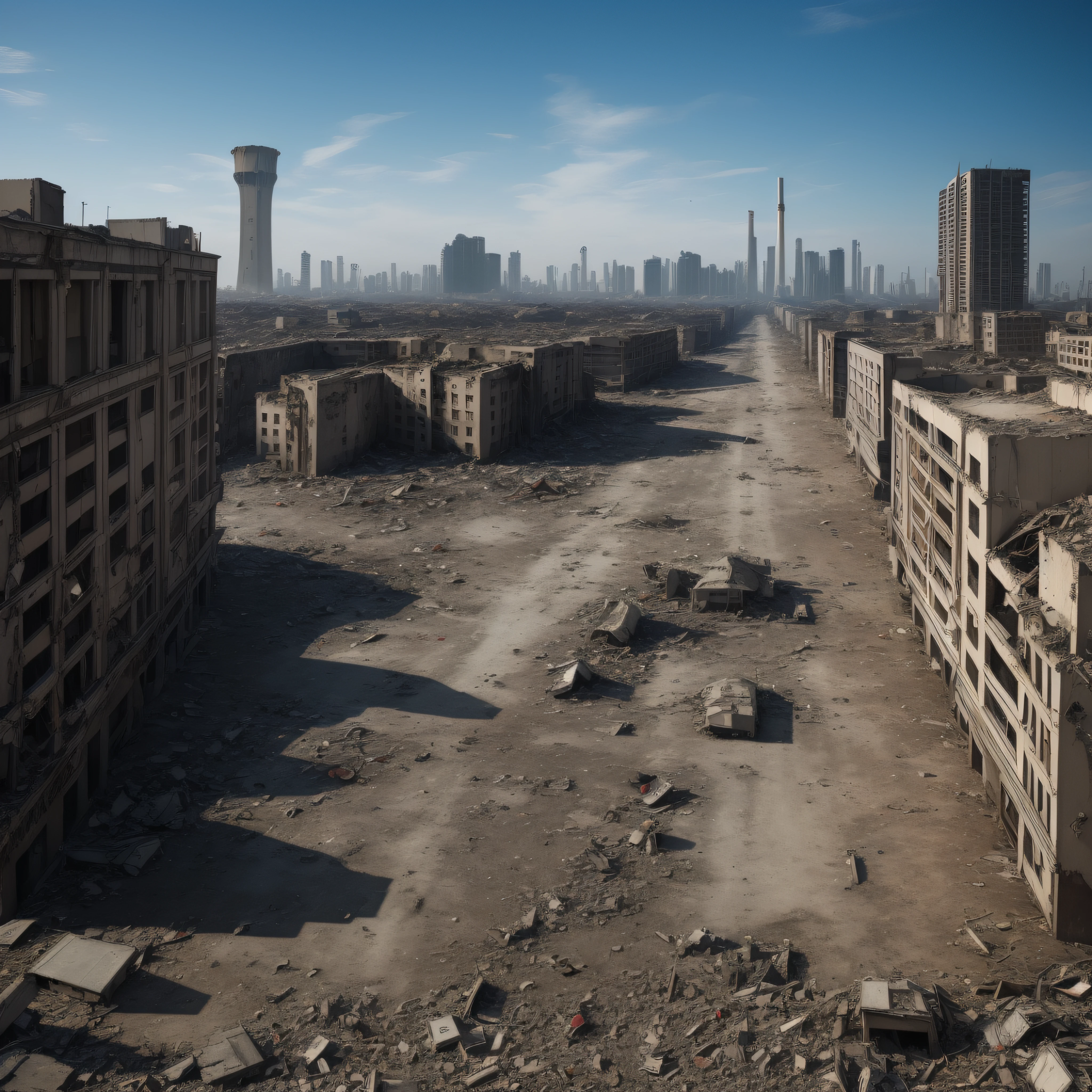 Apocalyptic scenario with destruction of the city and signs of city with extreme abandonment, melancolia, inverno nuclear, ruas