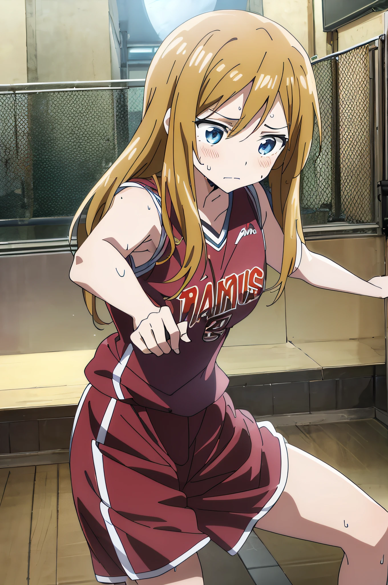 (the best quality,アニメ,Anime Art Style:1.2), babes, 13years, the sweat、Playing Basketball,Intense angle、Strenuous movements,looking away,deadpan