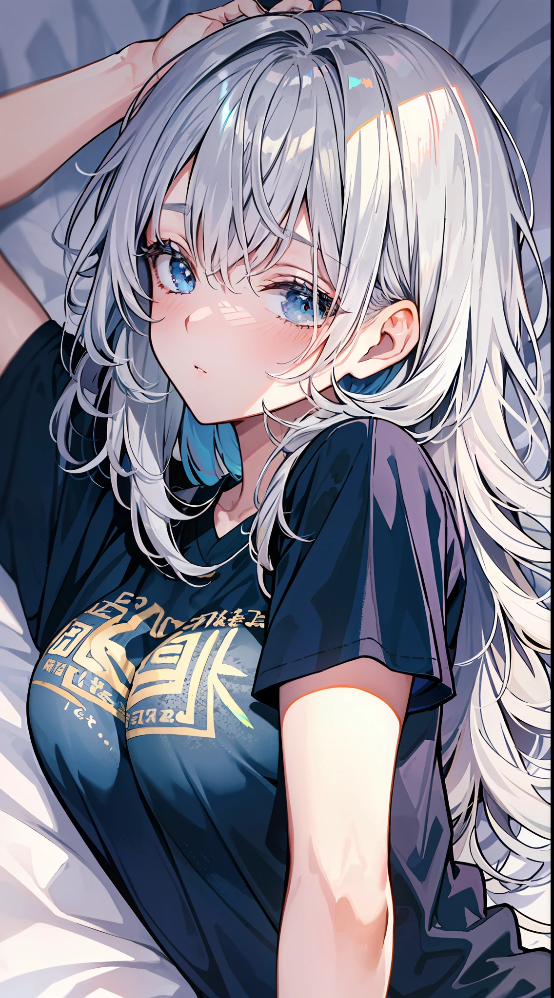 Fresh morning light, iridescent highlights, beautiful woman about 20 years old, sleepy on blank white sheets, silver hair spread, wearing a blubbery men's t-shirt