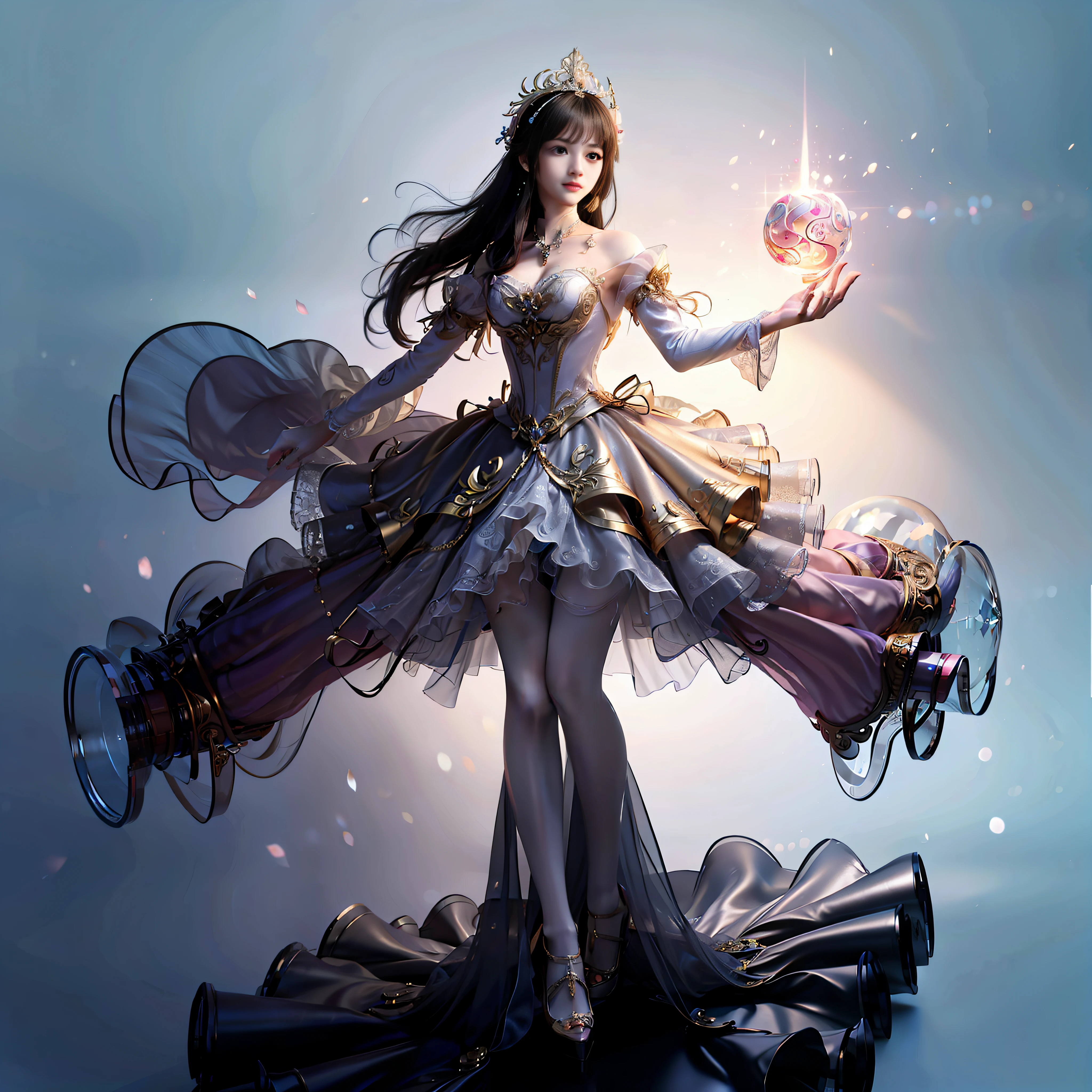 a day of the dead goddess wearing a majestic pink and gold ball gown dress with rhinestones and tulle skirt, big beautiful dress, intricate puffy ball gown with lots of ruffles and rhinestones (Masterpiece, Top Quality, Best Quality, Official Art, Beautiful and Aesthetic: 1.2), (rococo) , Victorian), (1 Flower), Full Body, Extremely Detailed, (Fractal Art: 1.3), Colorful, Most Detailed