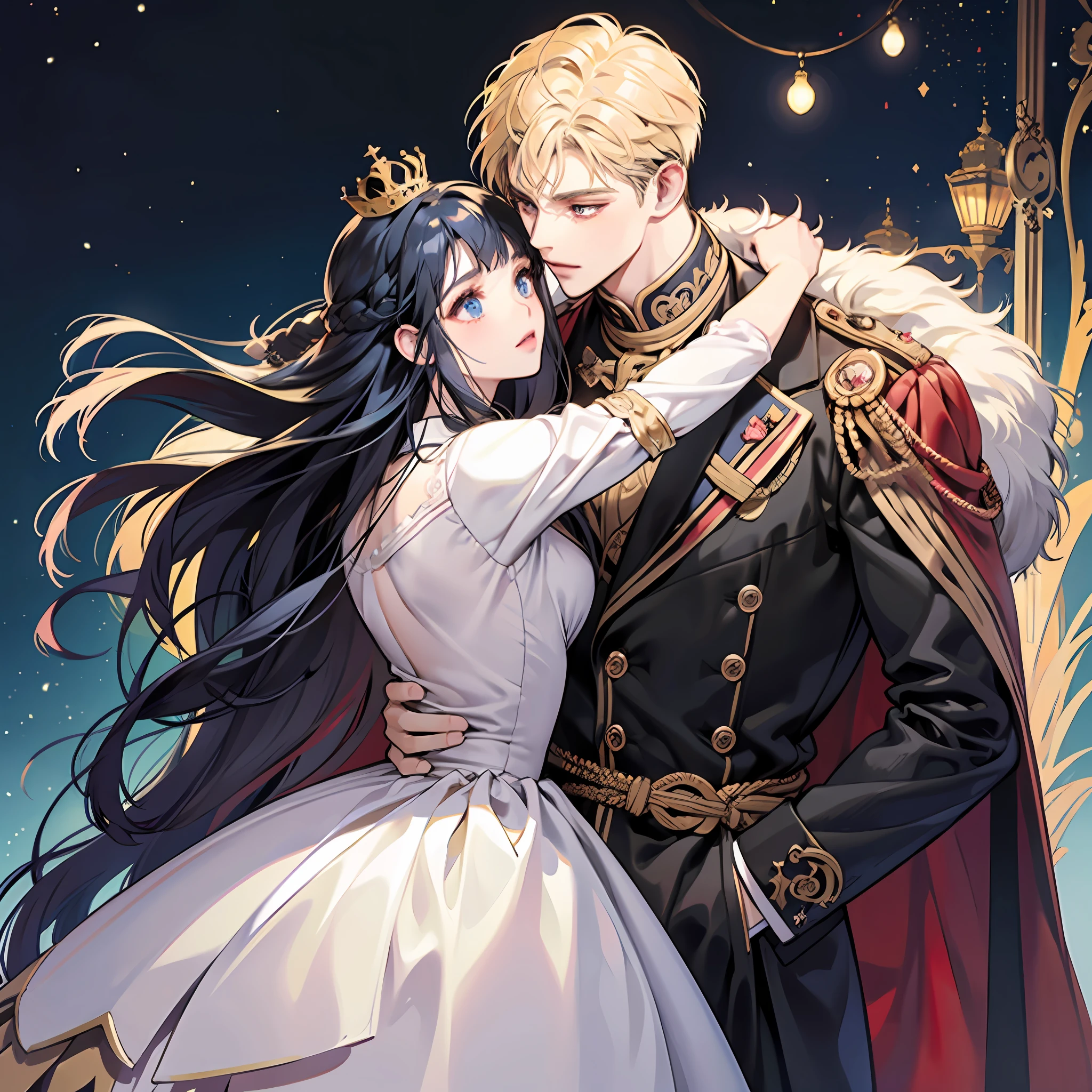blonde man, dark blue hair girl, naruhina, hug, masterpiece, couple, standing, royalti, nobility, crown, king, queen
