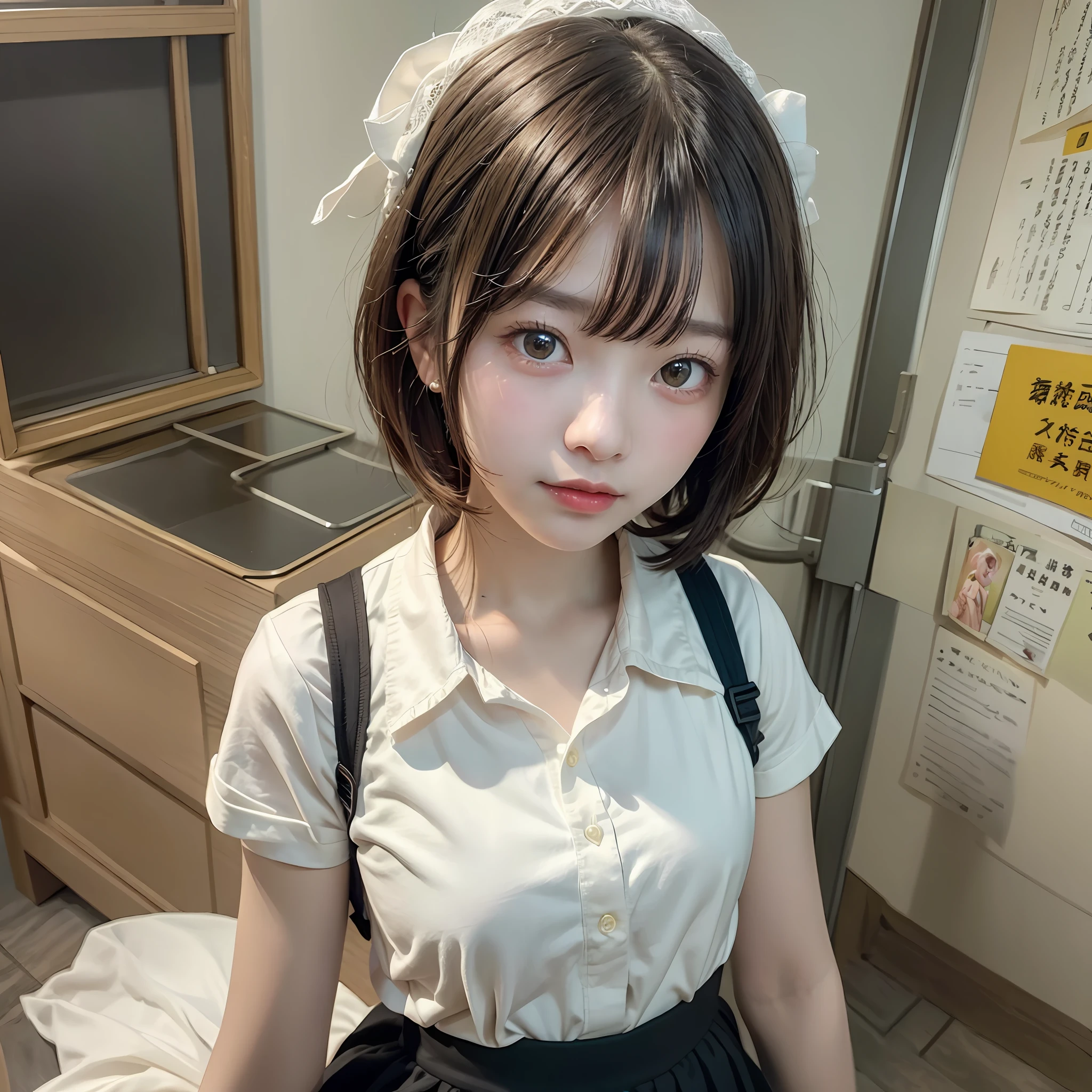 A masterpice、the best quality、Official Art、Highly detailed CG Unity 8k wallpapers、Like a schoolgirl、very delicate beautiful、ultra-high-resolution、(photorealestic:1.4)、Golden Hour Lighting、(Haut du corps)、(Platinum Shorthair:0.8)、(Puffy eyes)、looking at the viewers、looking to the front、laughing、JK Skirt、white dresses、Shirt Lift Long Black Hair、behind from、squatt