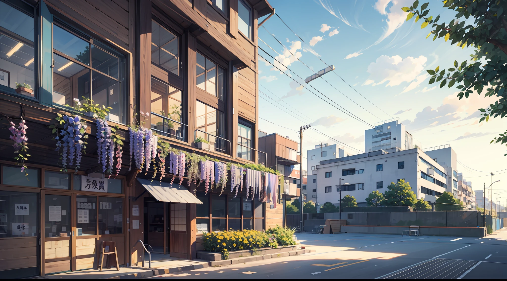 (View of the Japanese campus),In a Japanese anime style,(Reference Hayao Miyazaki,Shinkai ),(schools,playground,Wisteria flowers,Depth),(wood planks,green trees,florals,classroom desk,chalkboard,Pool,basketball court,running track),abundant detail,Quiet and elegant atmosphere,Cool tones are the keynote,Delicate and soft painting style,Cinematic lighting effects,high-definition picture quality,Gentle light,Dreamlike,abundant detail,32K
