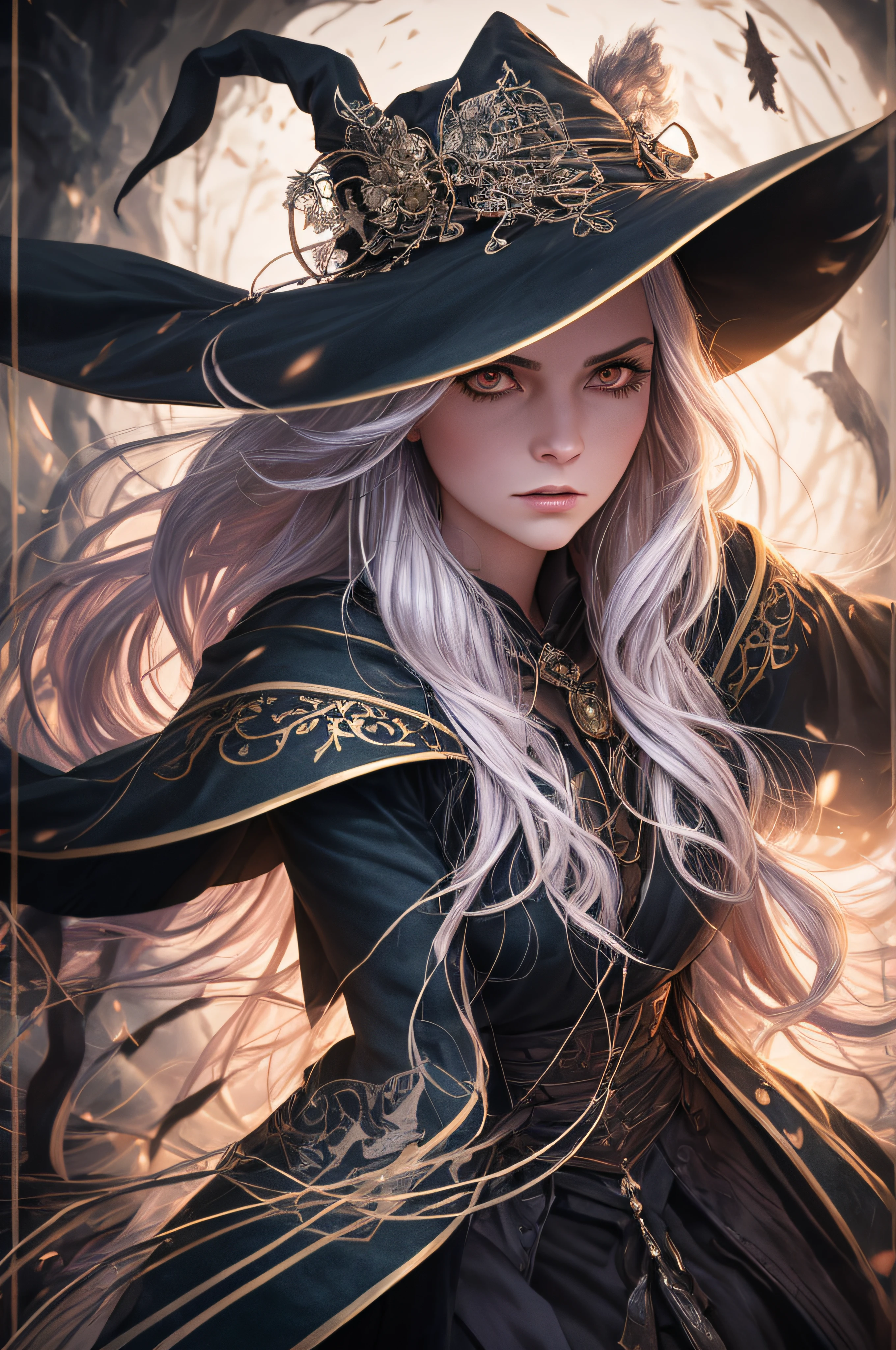 Cinematic action photo of a witch, her face illuminated by the glow of her magical spells. Her outfit, a form-fitting robe of dark velvet, is detailed with intricate patterns of silver thread and glowing runes. Her face, a picture of focused intensity, is framed by a cascade of wild, untamed hair. The colors are dark and dramatic, with the glow of her magic casting a harsh, eerie light on the scene. --ar 3:2 00 --s 2
