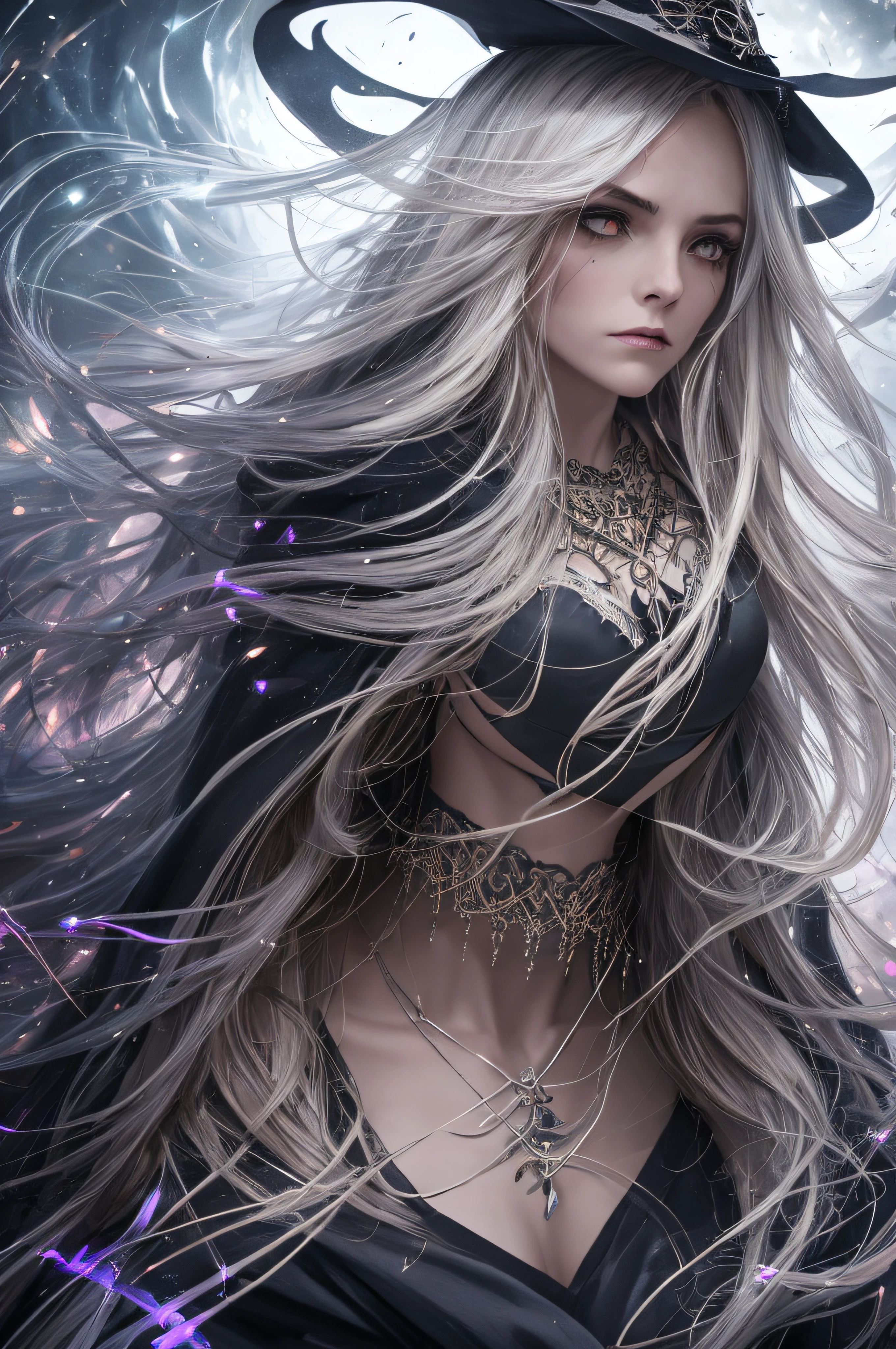 Cinematic action photo of a witch, her face illuminated by the glow of her magical spells. Her outfit, a form-fitting robe of dark velvet, is detailed with intricate patterns of silver thread and glowing runes. Her face, a picture of focused intensity, is framed by a cascade of wild, untamed hair. The colors are dark and dramatic, with the glow of her magic casting a harsh, eerie light on the scene. --ar 3:2 00 --s 2