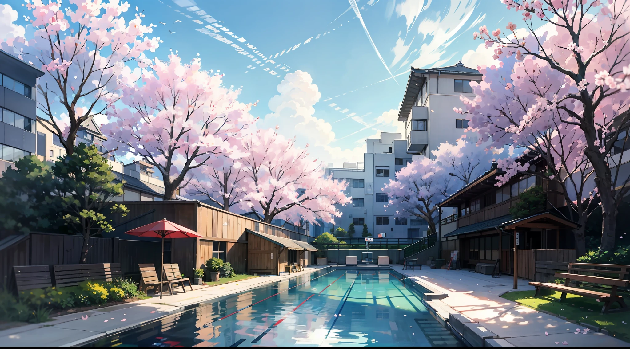 （View of the Japanese campus），In a Japanese anime style，（Reference Hayao Miyazaki，Shinkai ），（schools，playground，sakura blossom，Depth），（wood planks，green trees，florals，classroom desk，chalkboard，Pool，basketball court，running track），abundant detail，Quiet and elegant atmosphere，Cool tones are the keynote，Delicate and soft painting style，Cinematic lighting effects，high-definition picture quality，Gentle light，Dreamlike，abundant detail，32K