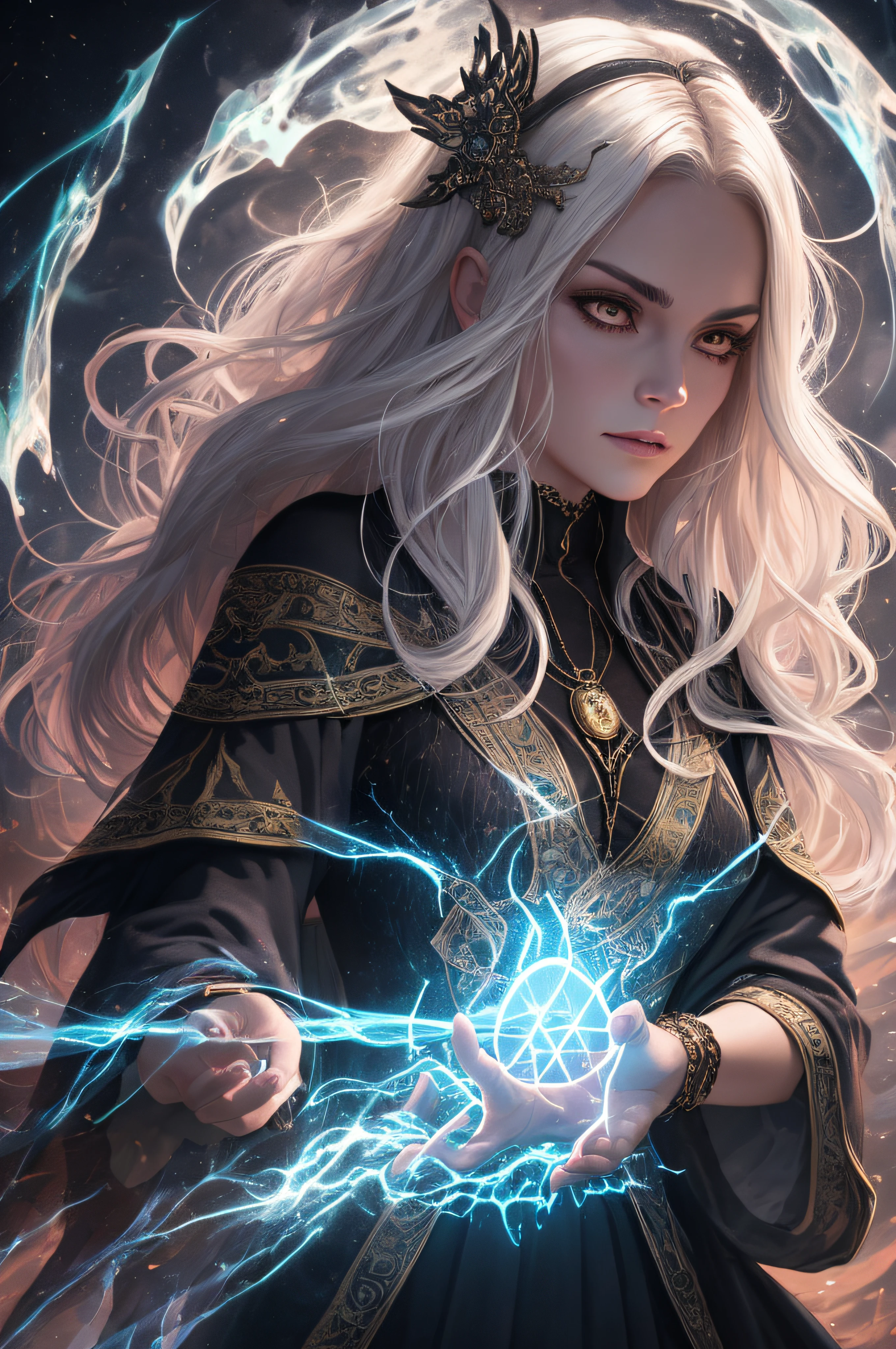 Cinematic action photo of a witch, her face illuminated by the glow of her magical spells. Her outfit, a form-fitting robe of dark velvet, is detailed with intricate patterns of silver thread and glowing runes. Her face, a picture of focused intensity, is framed by a cascade of wild, untamed hair. The colors are dark and dramatic, with the glow of her magic casting a harsh, eerie light on the scene. --ar 3:2 00 --s 2