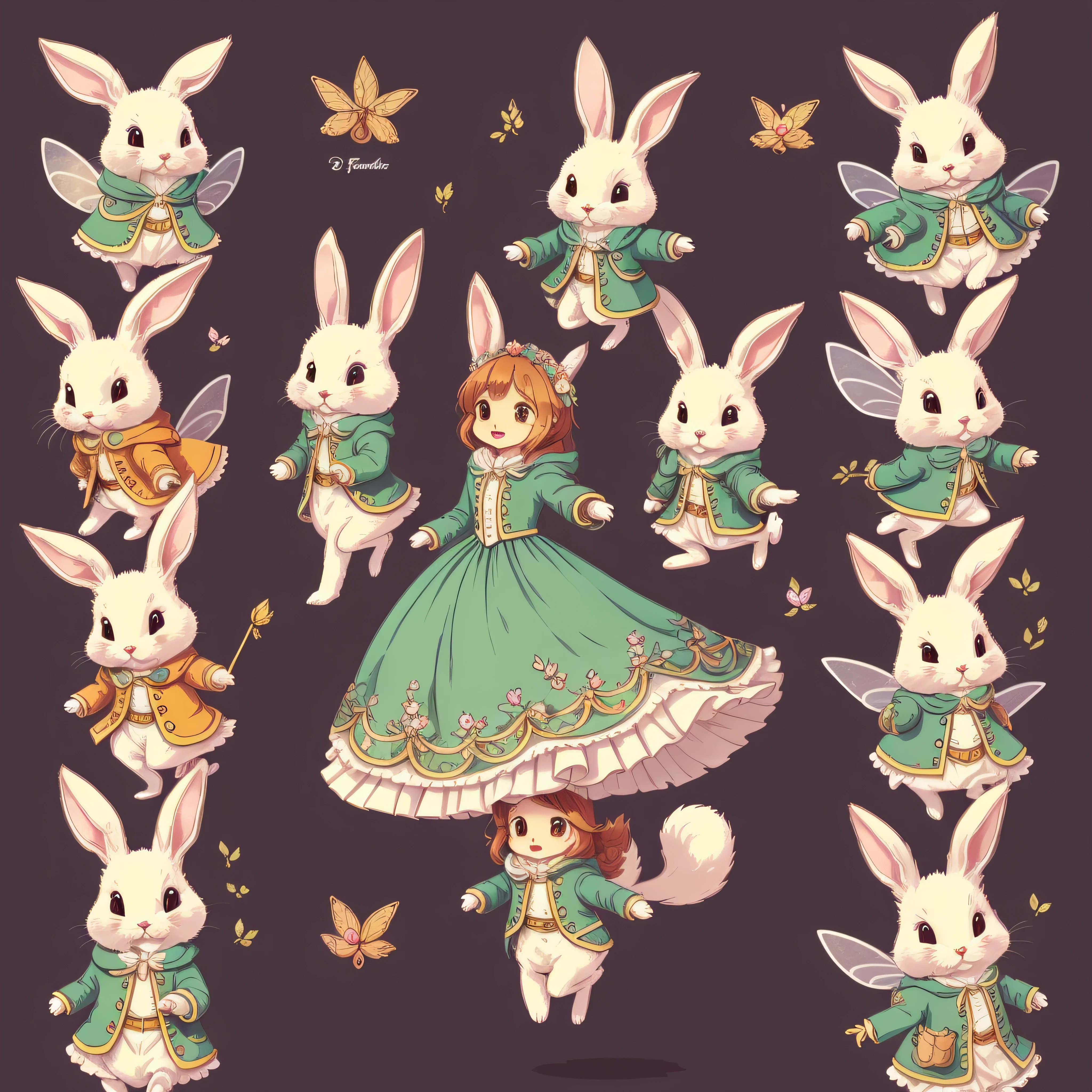An ultra-high picture quality、Super delicate、Character design drawings、Full body like、Running pose animation、Multiple facial expressions、Anthropomorphic cute rabbit、Cute characters from fairy tales、Cute rabbit in coat、18th century French clothing、Colorful colors、