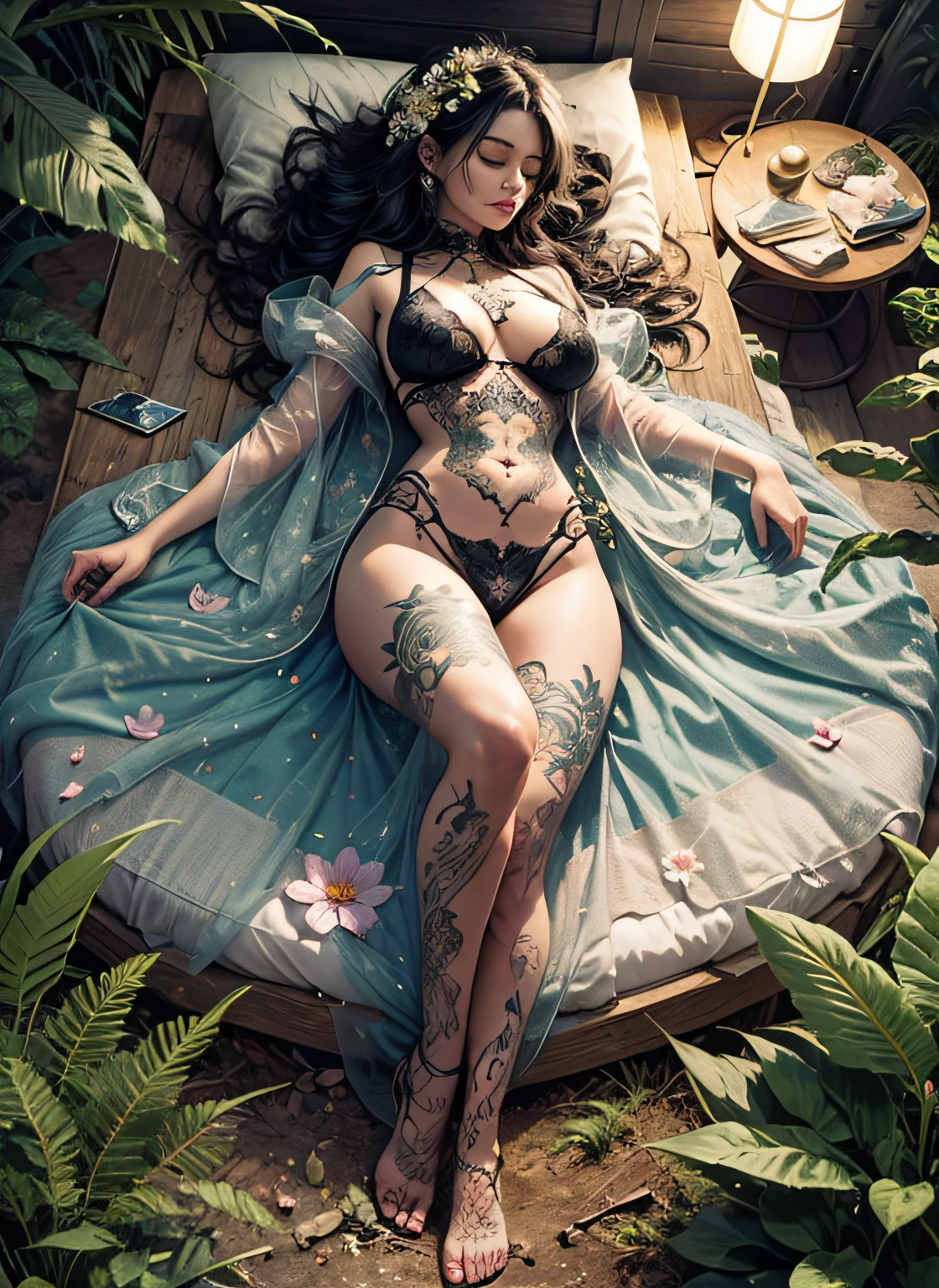 1sexy girl with forest clothes, flowers, leaves, mandalas, fractal,, Sleeping Beauty, by Bella🦋 full body, beautiful girl sleeping, room with mirror, girl sleeping on bed and sheets, old clock and lamp on table, full body, black hair, Transparent clothing,open legs, view of pubic hair, 1 sexy girl in transparent forest clothes,exposed breasts, open transparent t-shirt,mandala and flower tattoos, La mejor calidad, Obra maestra, llustration, muy delicado y hermoso, muy detallado, CG, Unidad, Fondo de pantalla de 8k, ridiculous, huge filesize, lente muy ancha, Luz suave,Sleeping Beauty, by Bella🦋 full body, beautiful girl sleeping, full body, black hair, Transparent clothing, slight smile,, open legs, view of pubic hair, 1 sexy girl in transparent forest clothes,exposed breasts, open transparent t-shirt,mandala and flower tattoos, La mejor calidad,