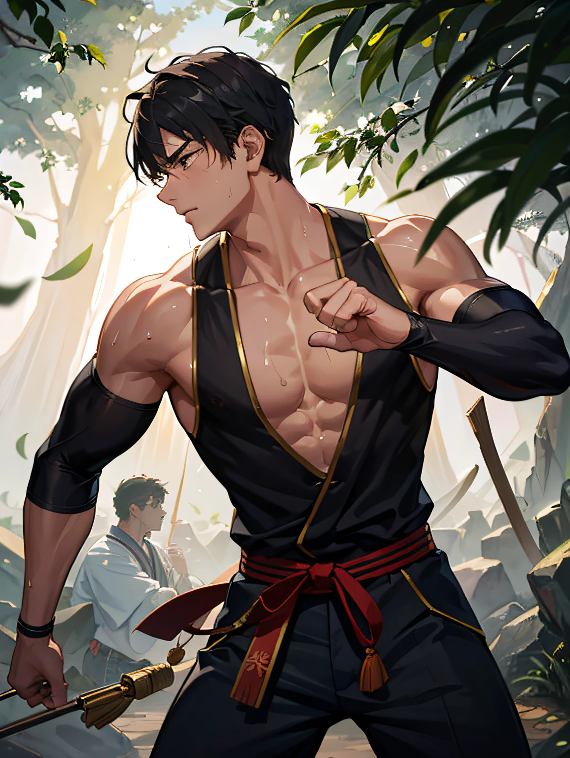 Anime men,Handsome,Daytime scene,to stand,Hanfu,short-cut hair,Infirmary, --auto