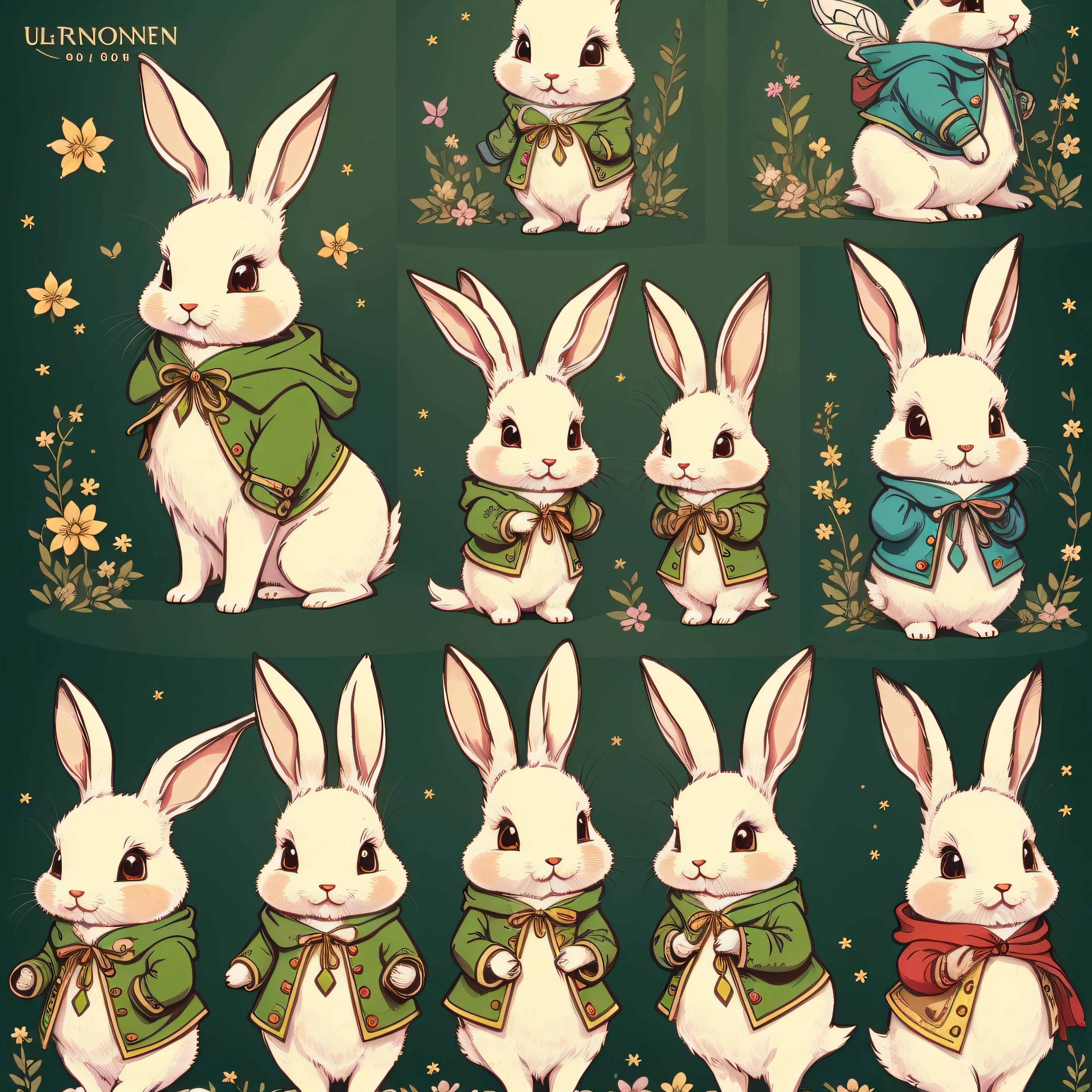 An ultra-high picture quality、Super delicate、Character design drawings、Full body like、Multiple Pose、Multiple facial expressions、Anthropomorphic cute rabbit、Cute characters from fairy tales、Cute rabbit in coat、18th century French clothing、Colorful colors、