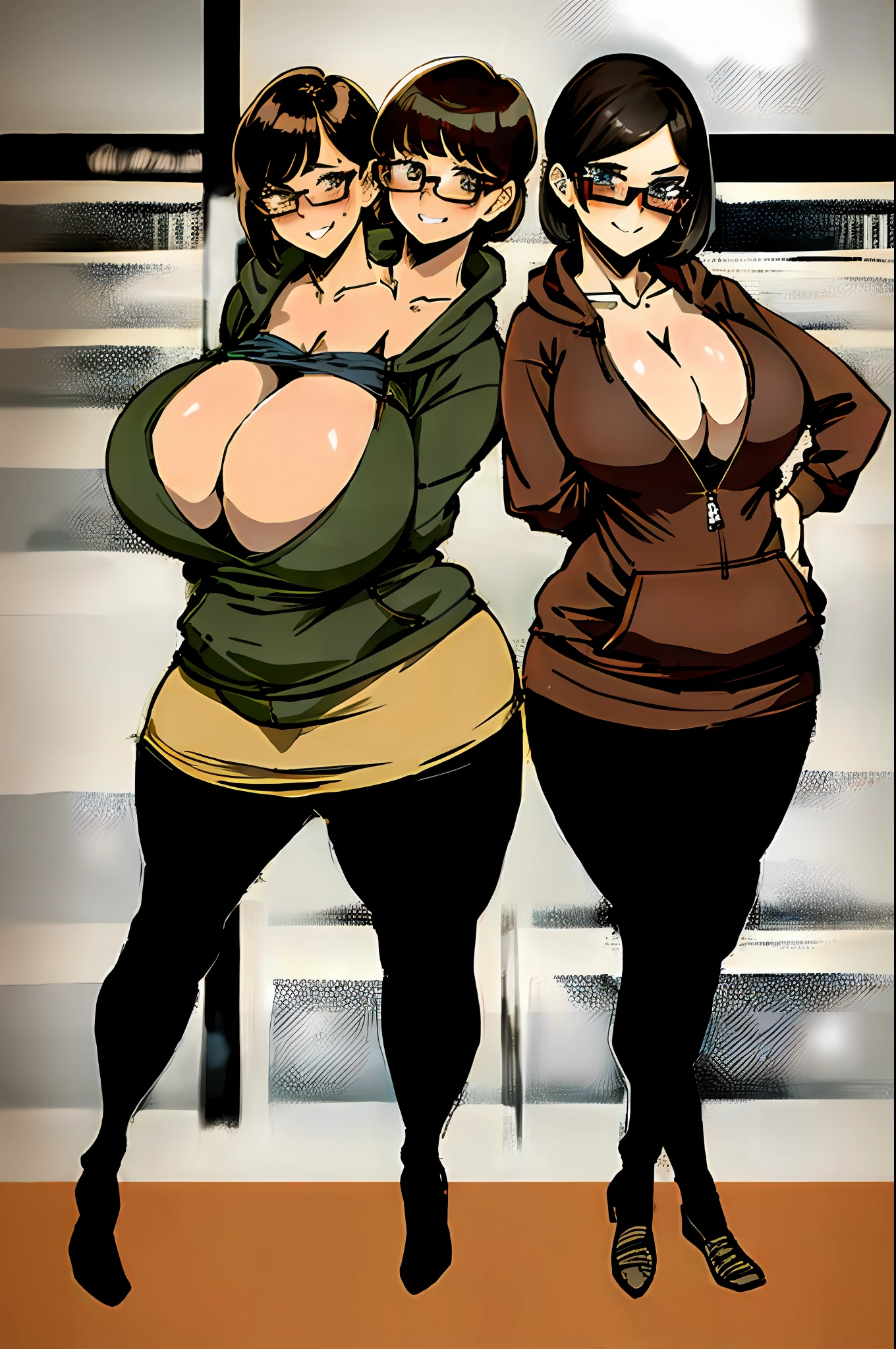 2heads, a short chubby girl with 2 heads. She has massive breasts. She looks nerdy. She has frizzy brown hair and glasses. She is wearing a baggy hoodie. She is wearing a skirt with leggings. She mas massive breasts. She looks nervous. She is blushing. Huge boobs.