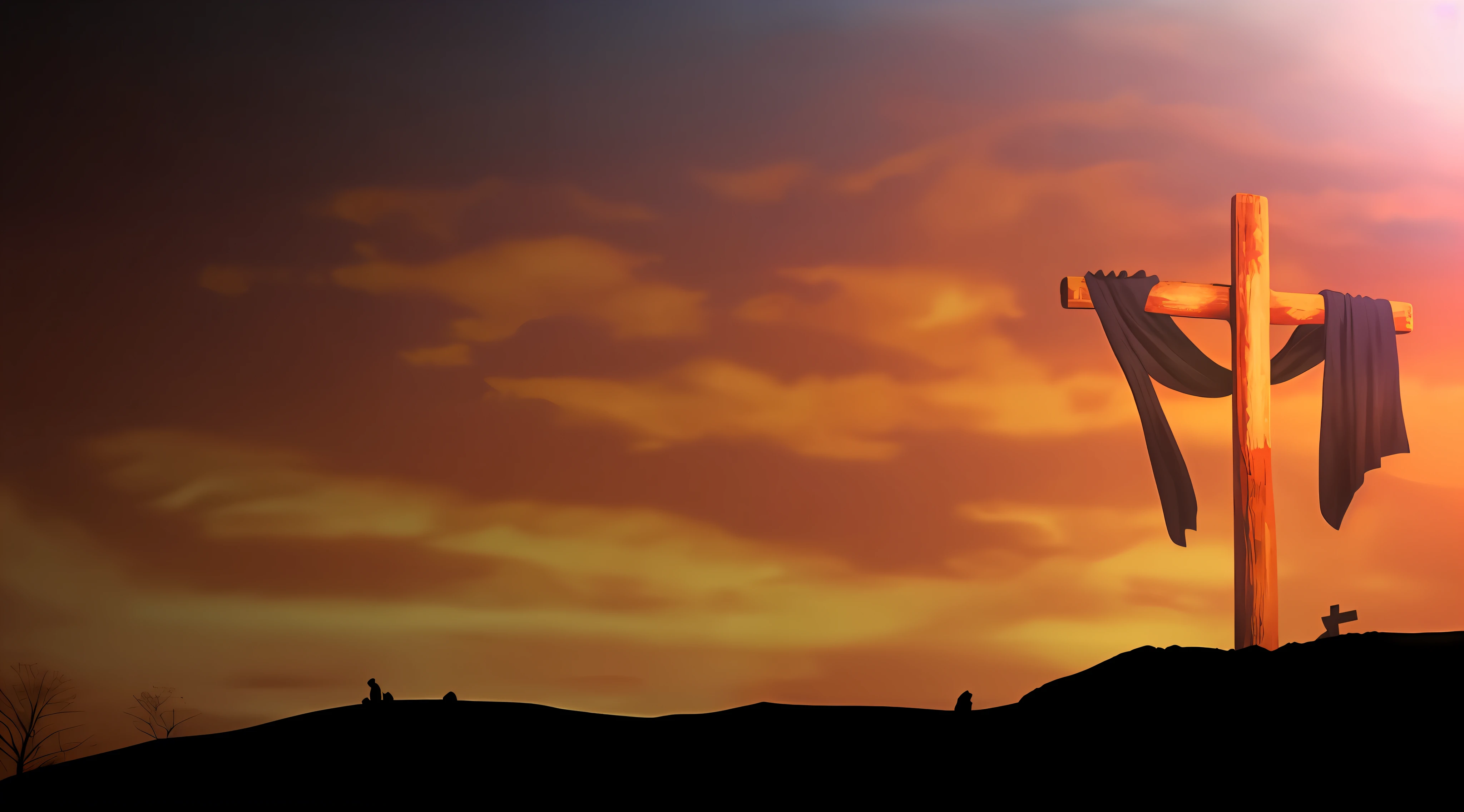 arafed cross on a hill with a sky background, iron giant at sunset, flag in his right hand, Banner, cinematic still, Imagem incrivelmente composta, Imagem absolutamente excepcional, ao amanhecer, vitorioso em um morro, captura de tela de alta qualidade, ao nascer do sol, Directed by: Edwin Georgi, papel de parede de alta qualidade, in the sunset, triunfante, papel de parede hd, sunset panorama, manto vermelho na cruz