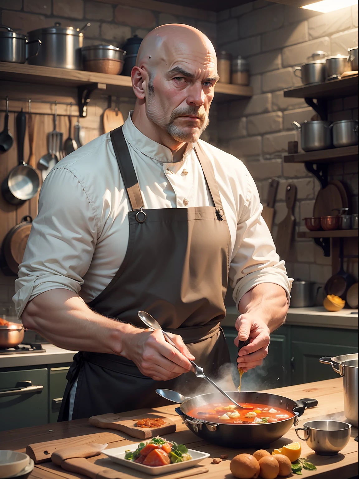 medieval setting, medieval kitchen, strong bald man cooking, apron, stern face, high angle, soup