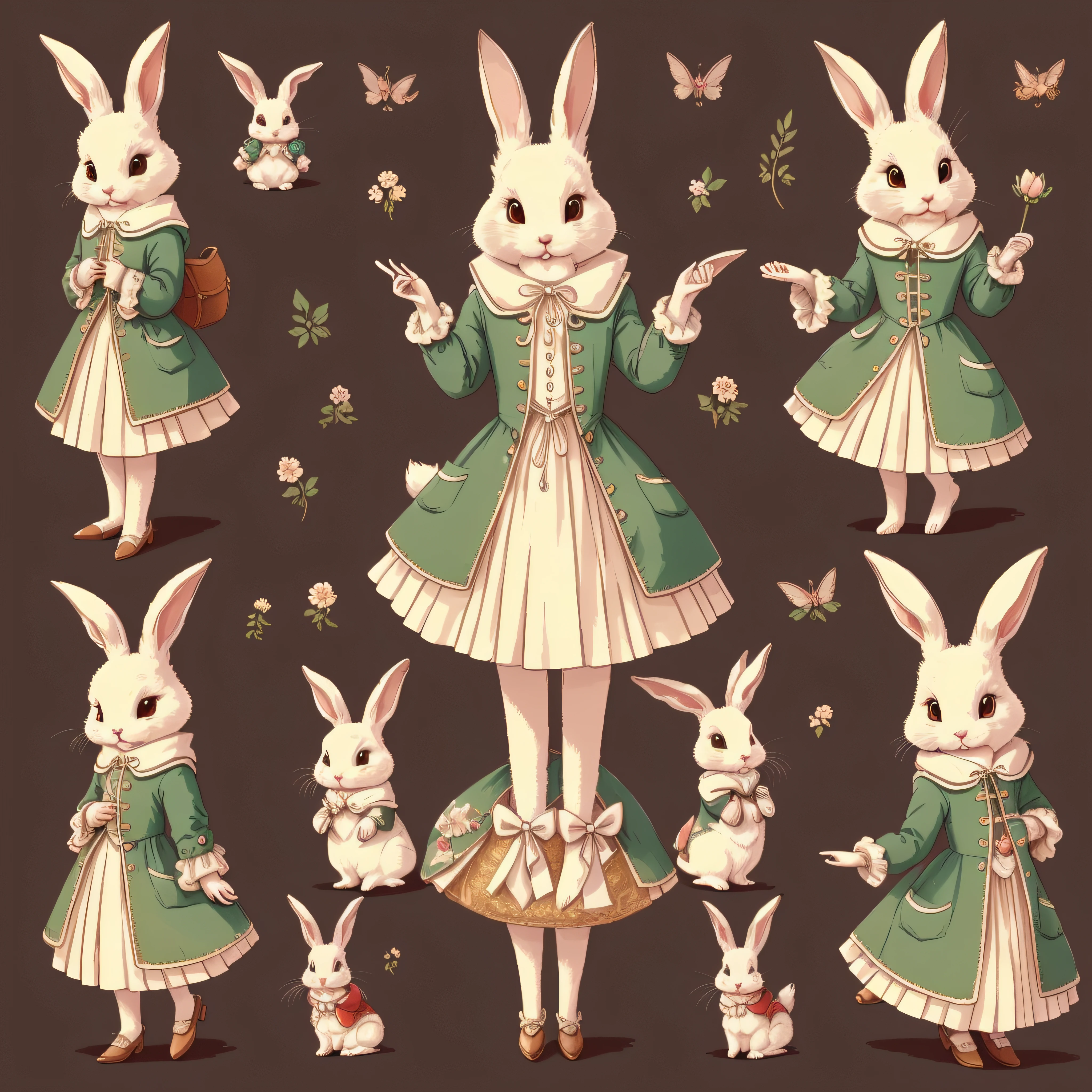 An ultra-high picture quality、Super delicate、Character design drawings、Full body like、Multiple Pose、Multiple facial expressions、Anthropomorphic cute rabbit、Cute characters from fairy tales、Cute rabbit in coat、18th century French clothing、Colorful colors、