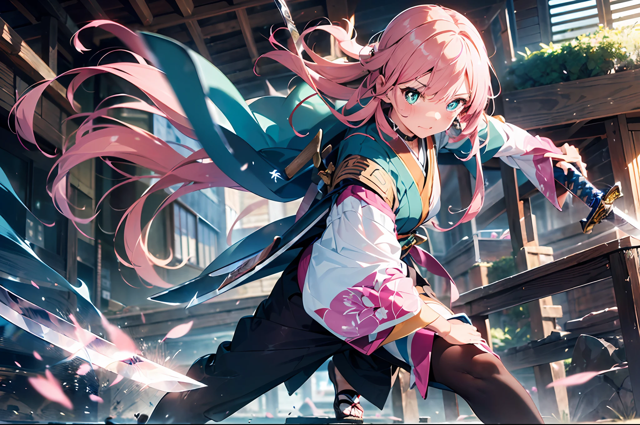 (Lively swordplay action:2)armor:2.Japan sword(((Maste Piece))),((ultra -detailed,Best Quality, high-re, 8K Wallpaper, beautiful Clothes,)),ful body:2,Fulll body Shot (1 Girl)((Pink hair, Long hair,Straight hair,two side up)) (Green eyes),eyeshadows, eyelines,gloweyes, super detailed eyes, intricate eyes, Beautiful eyes, ((Glowing pink pupils))18 years old girls.Transparent kimono made of PVC material.SakuraFubuki