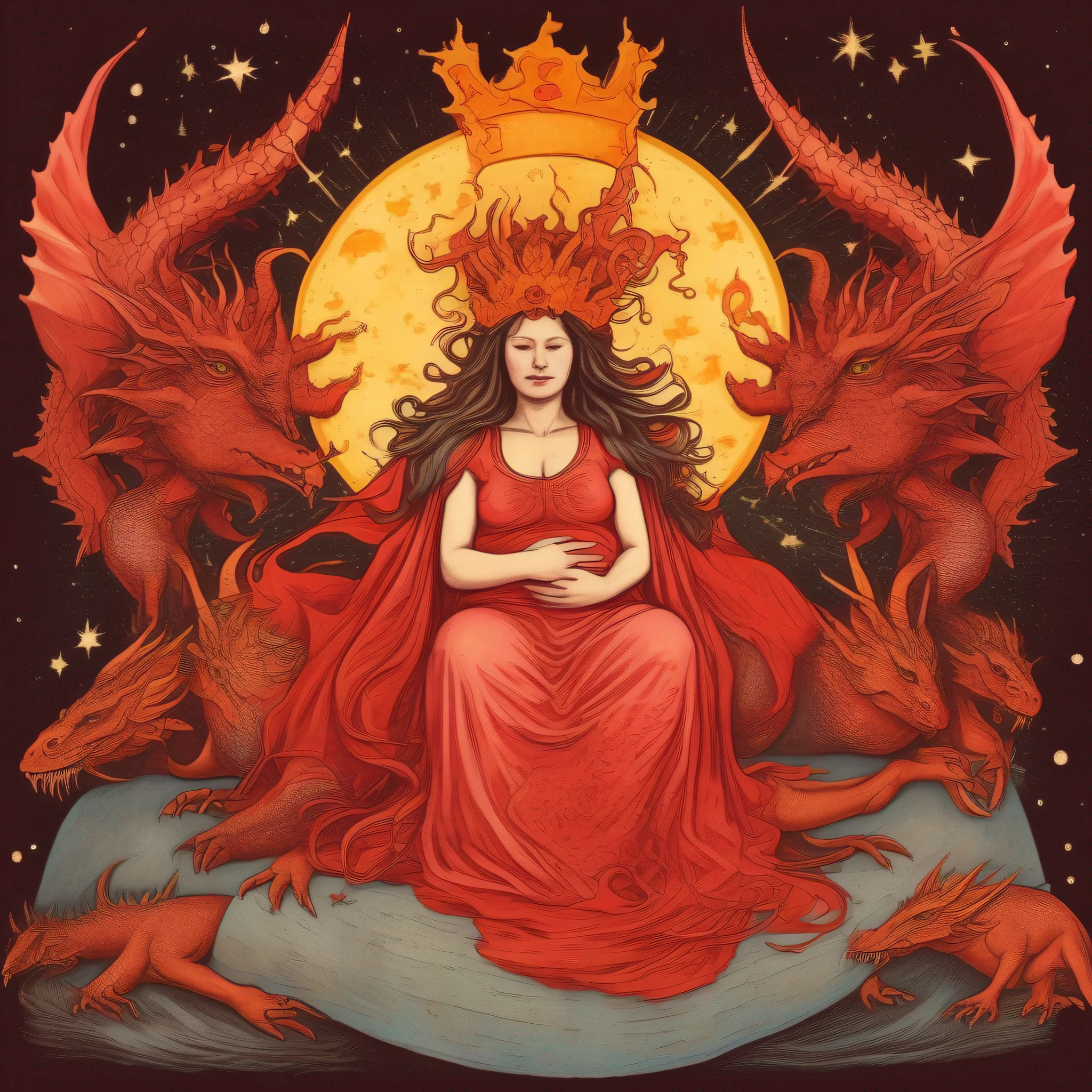 mixpnk style, a woman clothed with the sun, with the moon under her feet and on her pregnant head a crown of twelve stars and a huge red dragon with seven heads and ten horns, with seven crowns on its heads