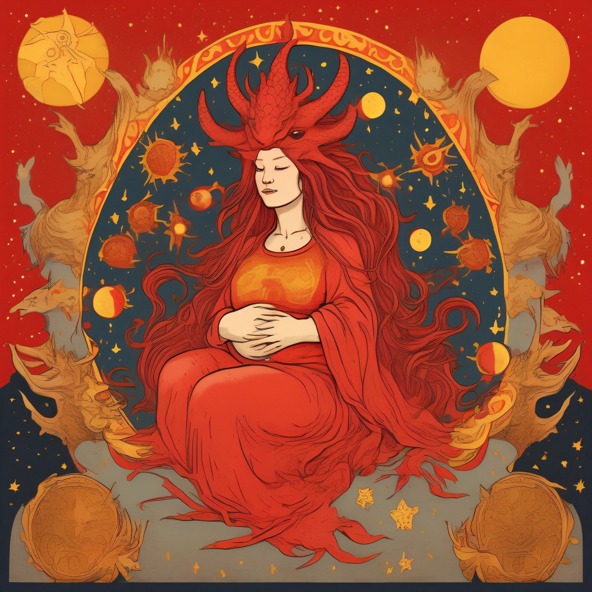 mixpnk style, a woman clothed with the sun, with the moon under her feet and on her pregnant head a crown of twelve stars and a huge red dragon with seven heads and ten horns, with seven crowns on its heads