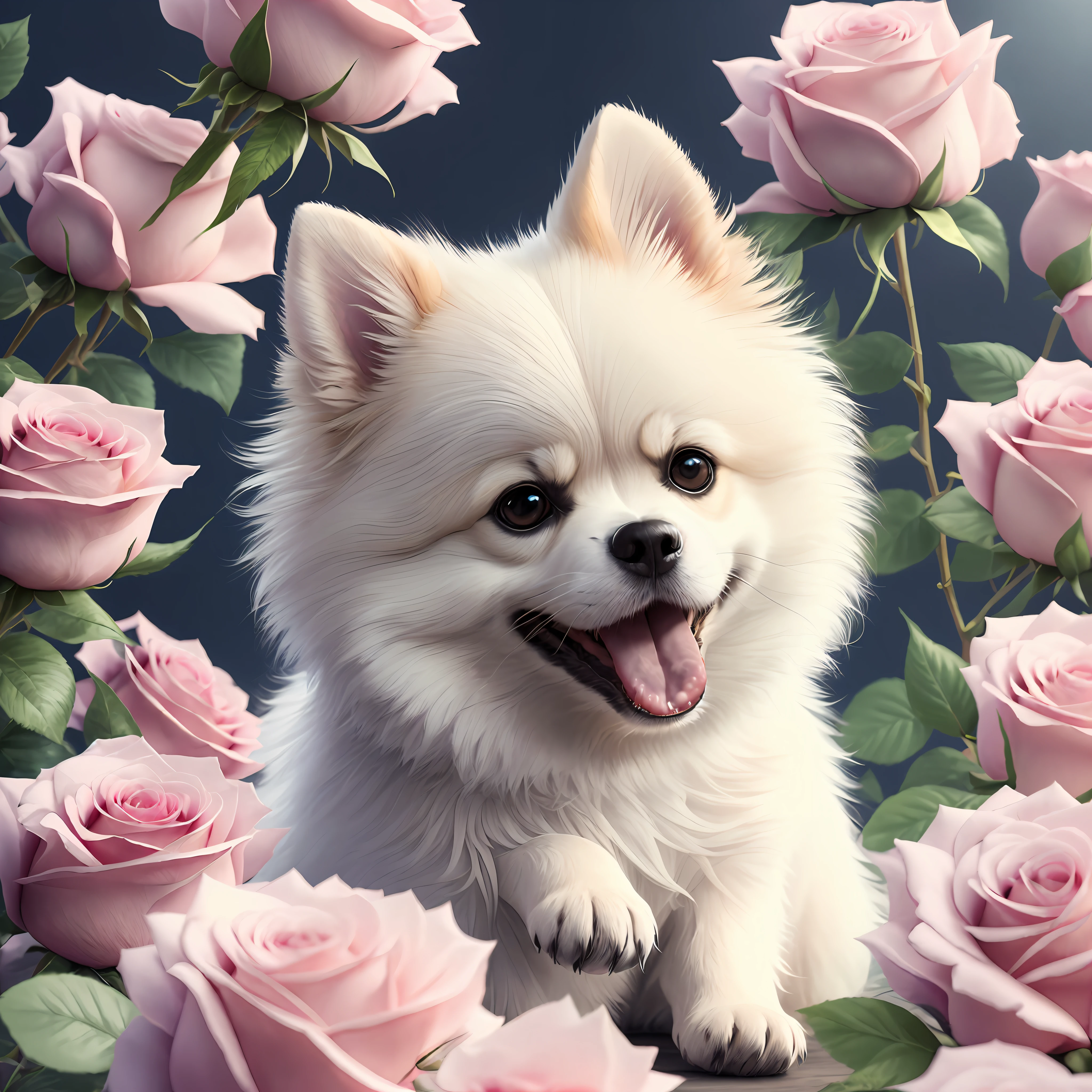 The Alafed dog sits on the bed of pink roses，sticking out their tongue, cute digital painting, cute detailed digital art, adorable digital art, Cute dog, digital painting highly detailed, cute 3 d render, highly detailed photo of happy, photo realistic style, high quality portrait, Beautiful digital artwork, highly realistic photograph, detailed portrait shot, pomeranian，White hair，White hair