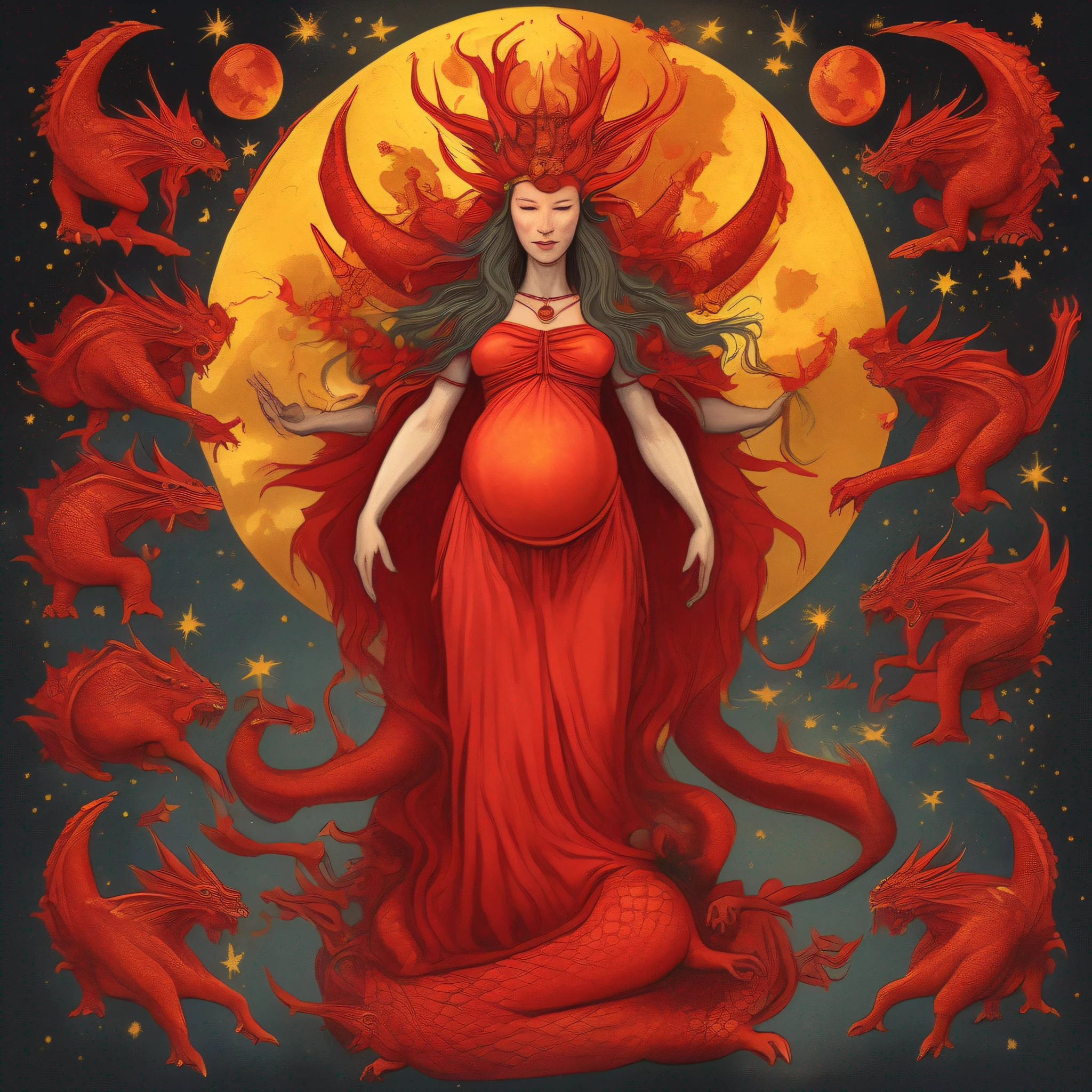mixpnk style, a woman clothed with the sun, with the moon under her feet and on her pregnant head a crown of twelve stars and a huge red dragon with seven heads and ten horns, with seven crowns on its heads