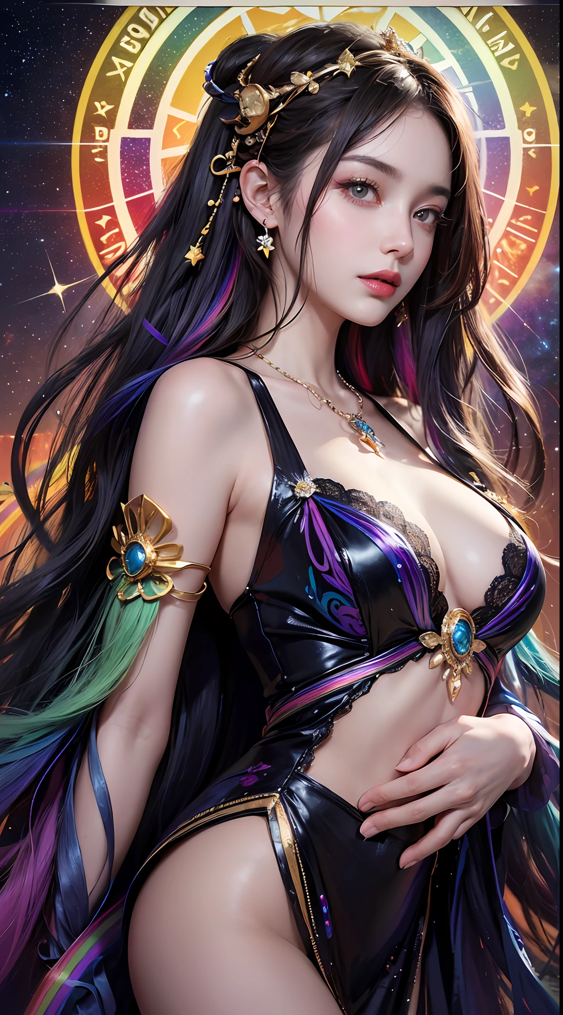 1 27-year-old girl, 1 zodiac goddess from the future, 12 zodiac goddess pink purple, 12 zodiac goddess face sexy thin yellow nightgown, long thin nightgown 12 zodiac many limbs sexy black lace detail, mythical goddess of the 12 zodiacs from the future, zodiac ♏, luxurious glittering zodiac style, dark and mysterious version, zodiac crown, lipstick red lips, thin and pretty lips, don't smile, keep your mouth shut, characters created by karol bak and pino daeni, intricate detail, detailed background, extremely detailed, light magic, a woman, clear face, looking at the upper body of the goddess of the zodiac, round breasts, big and round breasts, phoenix hair brooch, long hair with bangs, (Long hair has 7 colors like rainbow:1.9), beautiful detailed face and well-proportioned eyes, (transparent yellow eyes: 1.8), big round eyes and very beautiful and detailed makeup, visionary, long silk nightgown, mysterious makeup, Bracelets, side bangs and dye pale yellow, upper body, (zodiac goddess upper body: 1.8), drooping arms, Realistic and vivid photo, (stars that make up the zodiac: 1.7), ( sky zodiac and fictitious space and time portal: 1.8), fiction art, RAW photo, hanfu photo, best photo , high_res, best quality, best photo, 8k quality, 8k ultra , surrealism, the most economical real photo, artistic portrait of 12 zodiac signs, 1 symbol of 12 zodiac signs behind, single portrait of 12 zodiac goddess, The most realistic color scheme, best photo color, masterpiece, hair ornament, necklace, jewelry, Beautiful face, upper body, tyndall effect, photo realistic, dark studio, border light, two tone light, (detailed skin) high: 1.2), 8k uhd, dslr, soft light, high quality, volumetric light, candid, Photo, high resolution, 4k quality, 8k, Bokeh, Smooth and sharp, pixel up 10 times, Charming zodiac goddess, sexy zodiac goddess, (background space: 1.8), (galaxy: 1.7), aurora, lightning, (Aurora Background: 1.8) <lora:locon_perfecteyes_v1_from_v1_, beautiful goddess and flowers,