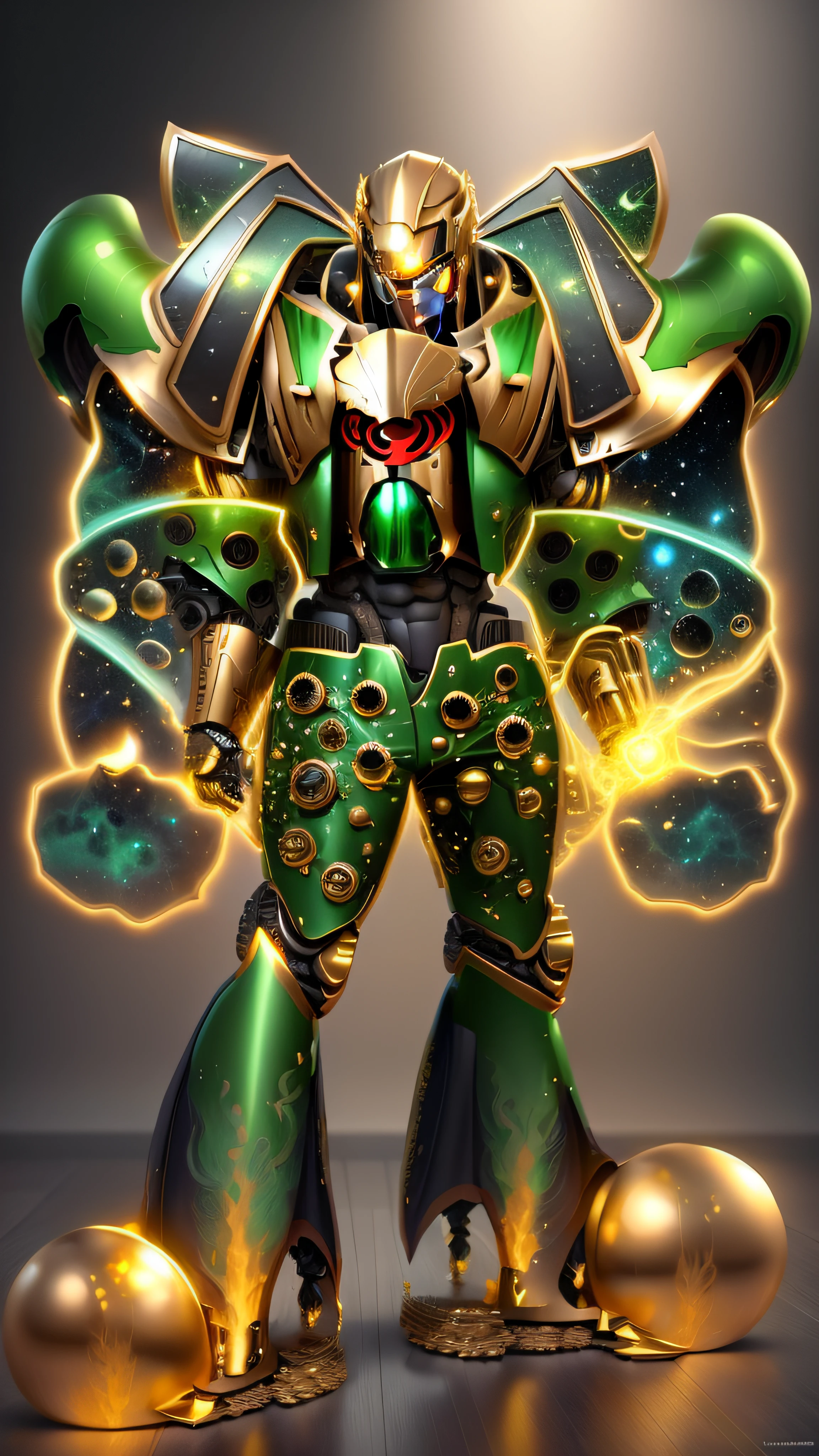 there is a cartoon image of a robot with a green outfit, Deus grego no estilo mecha, Getter Robo, galactic deity, Mazinger, detailed cosmic angelic robot, Galactus!!!!, transformando-se em sua forma final, deus rei da arte ai, Armadura Saiyajin, estilo varguyart, Imperador do universo conhecido, Ultra Mega Super Detalhe