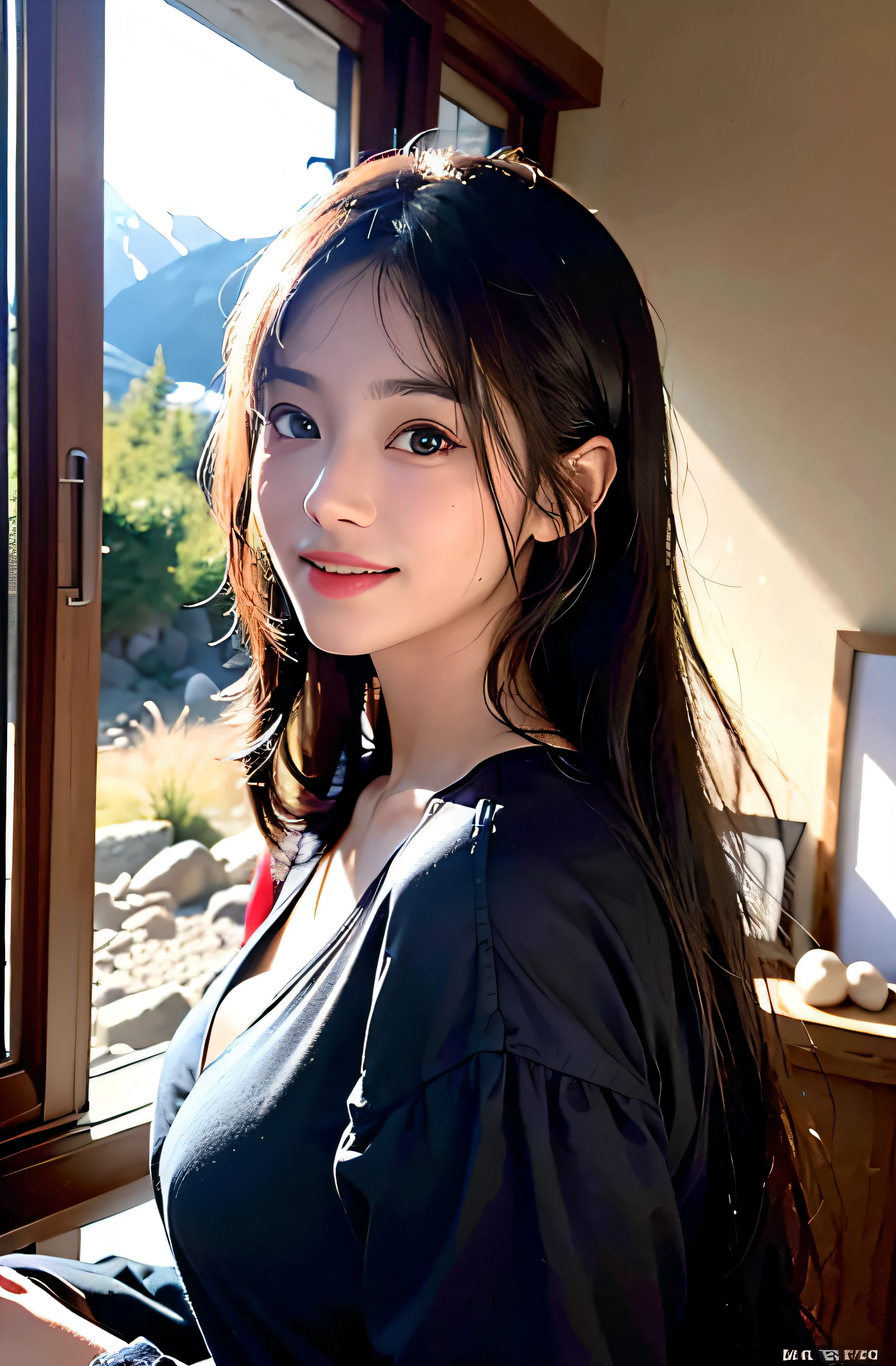 highly best quality、A masterpice、photoRealstic、intricated details、Raw foto、Photon Rendering、Octane Rendering、absurdist、ultra detaild、detailed faces、Detailed skin、trend in ArtStation、8K masterpiece、lighting similar to that in a movie、( (1girls))、((独奏) ))、((Behold))、CG Social Trends、Plastic En、((Black Long Hair))、((a beautiful women))、(smile on face)、Dark blue clothes、(White Skin Skin)、Fashionable、A sexy、hair flowing in wind、((Flowing hair))、happy、fashion magazine、((lighting similar to that in a movie))、mountain hut、