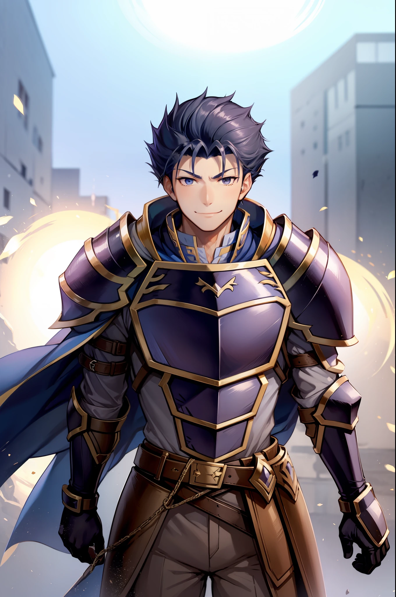 Hector Fey, 独奏, looks at the viewer, smiled, mitts, 1boys, Male focus,armour, capelet, Shoulder armor, Dari bawah