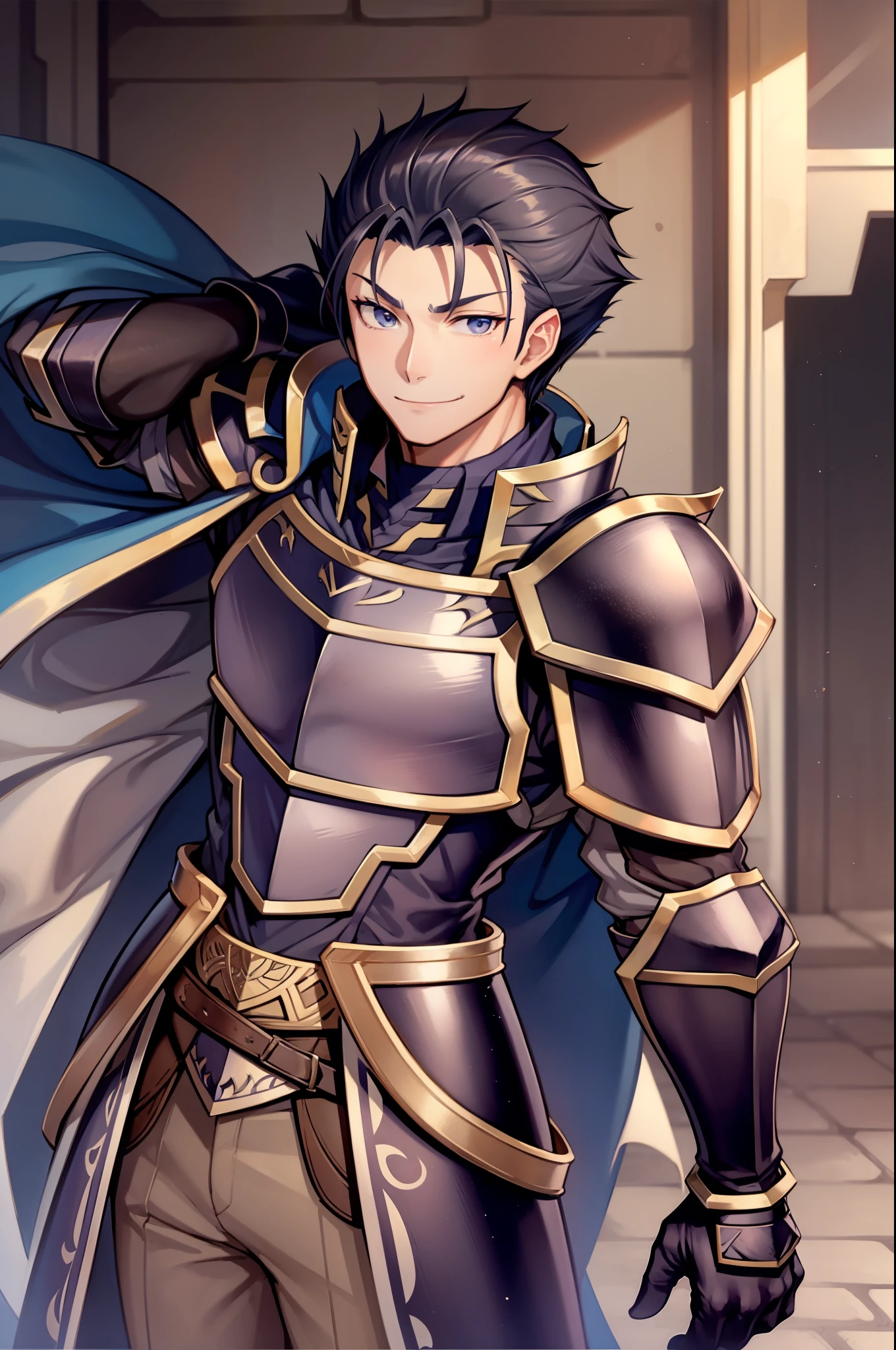 Hector Fey, 独奏, looks at the viewer, smiled, mitts, 1boys, Male focus,armour, capelet, Shoulder armor, Dari bawah