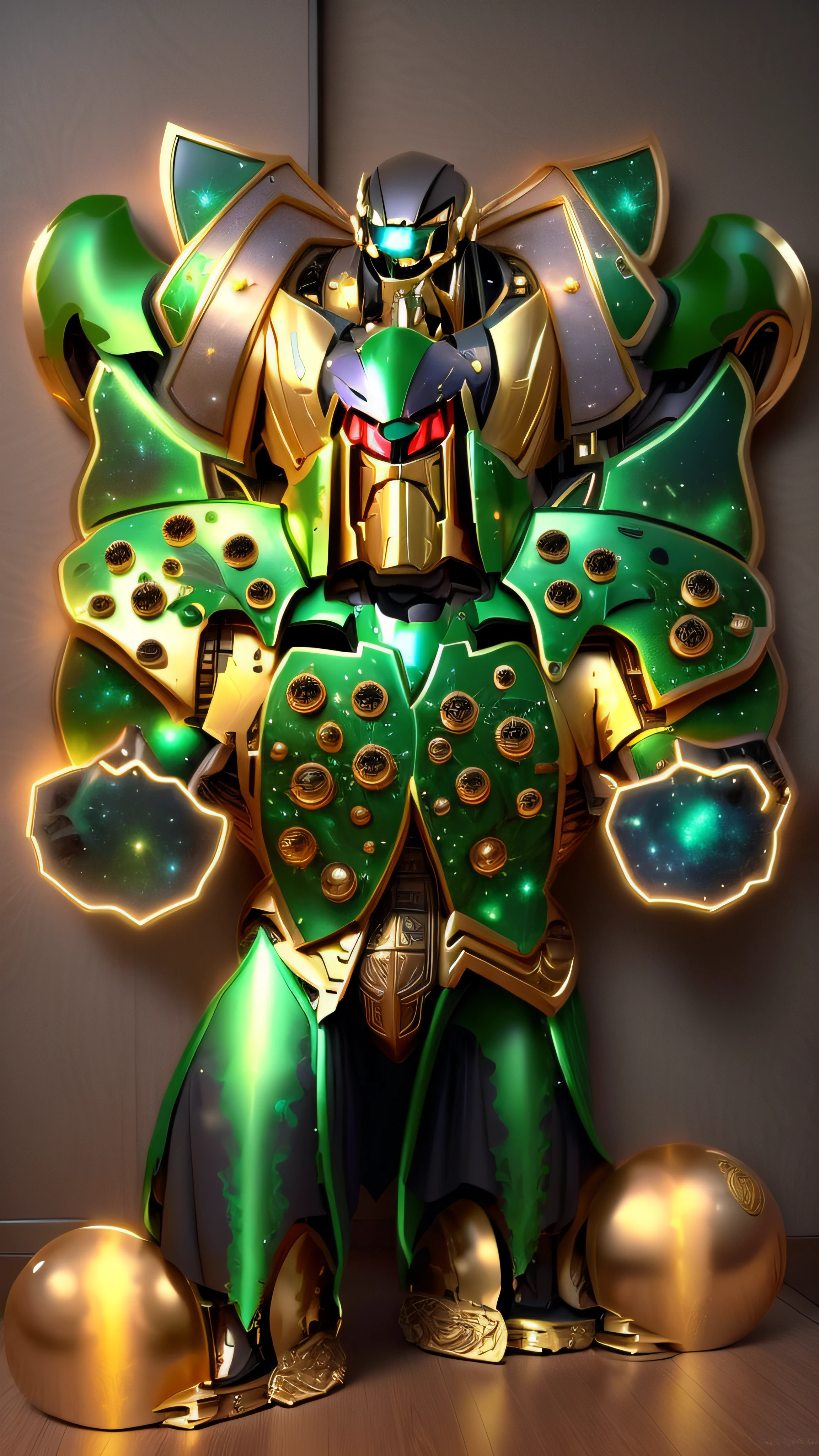 there is a cartoon image of a robot with a green outfit, Deus grego no estilo mecha, Getter Robo, galactic deity, Mazinger, detailed cosmic angelic robot, Galactus!!!!, transformando-se em sua forma final, deus rei da arte ai, Armadura Saiyajin, estilo varguyart, Imperador do universo conhecido, Ultra Mega Super Detalhe